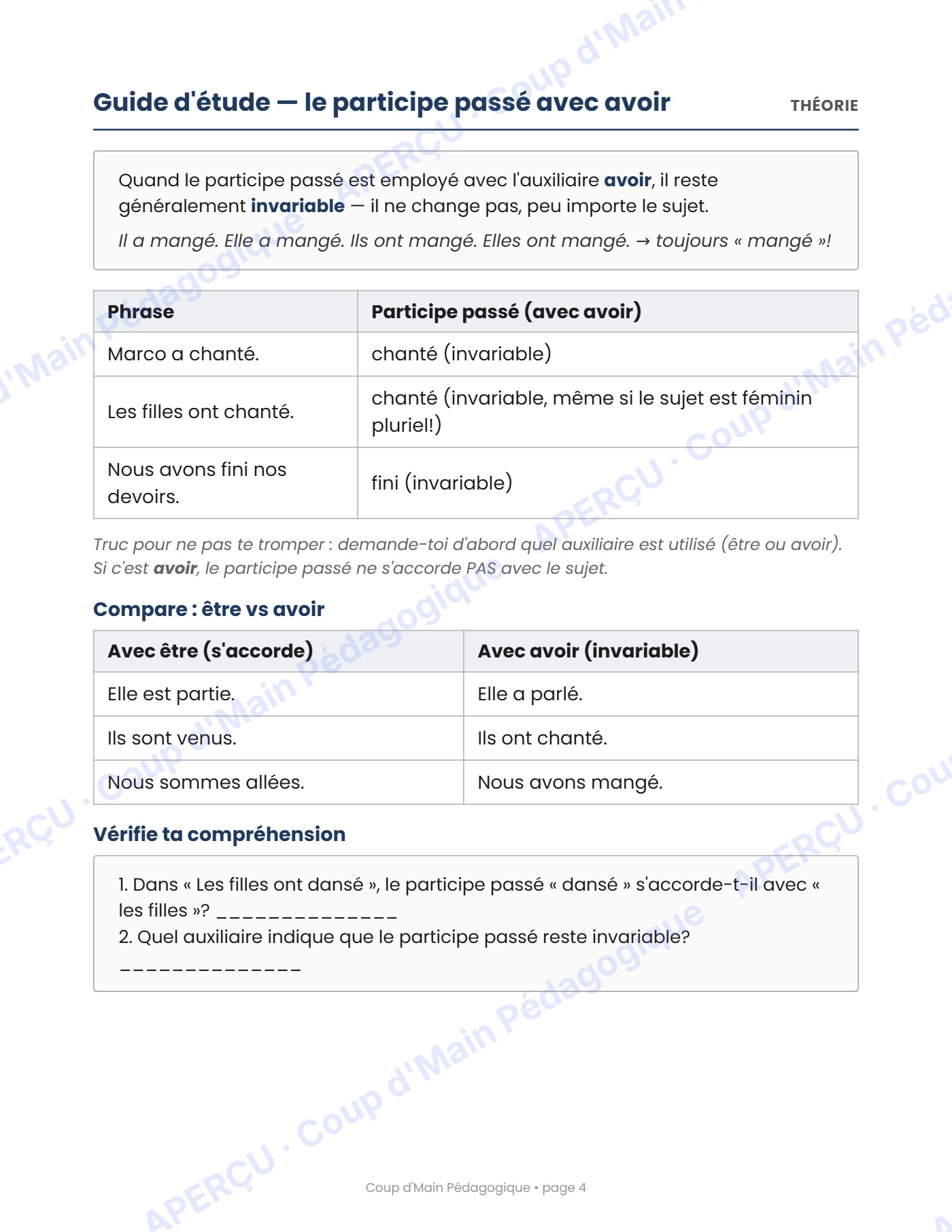 Page 4 — L'accord du participe passé — 6e année, cahier