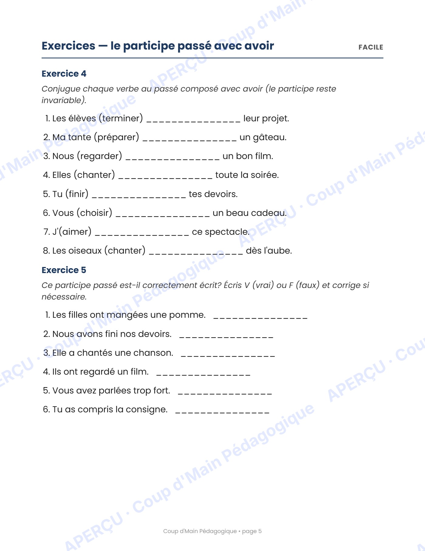 Page 5 — L'accord du participe passé — 6e année, cahier