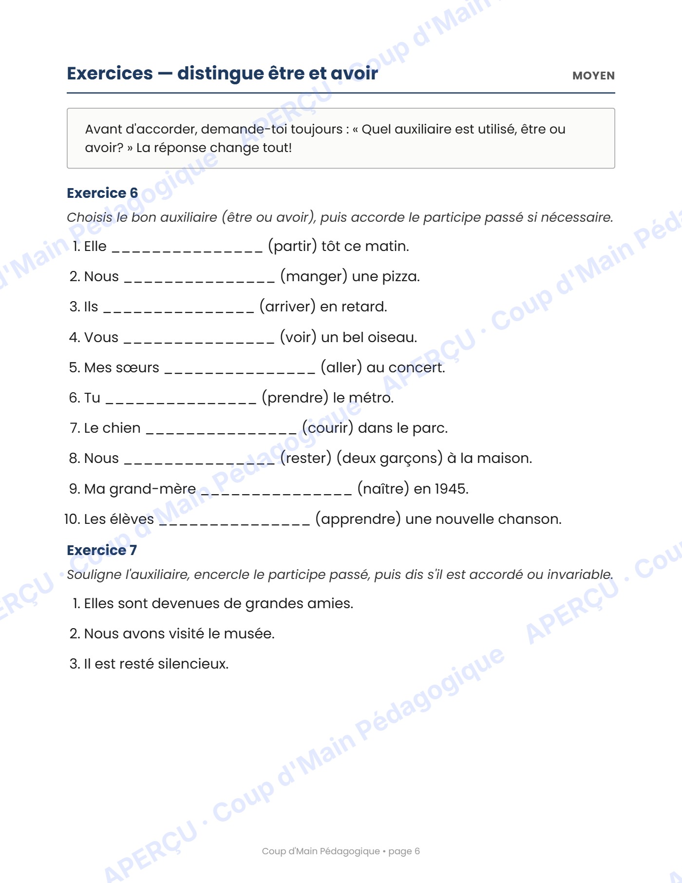 Page 6 — L'accord du participe passé — 6e année, cahier