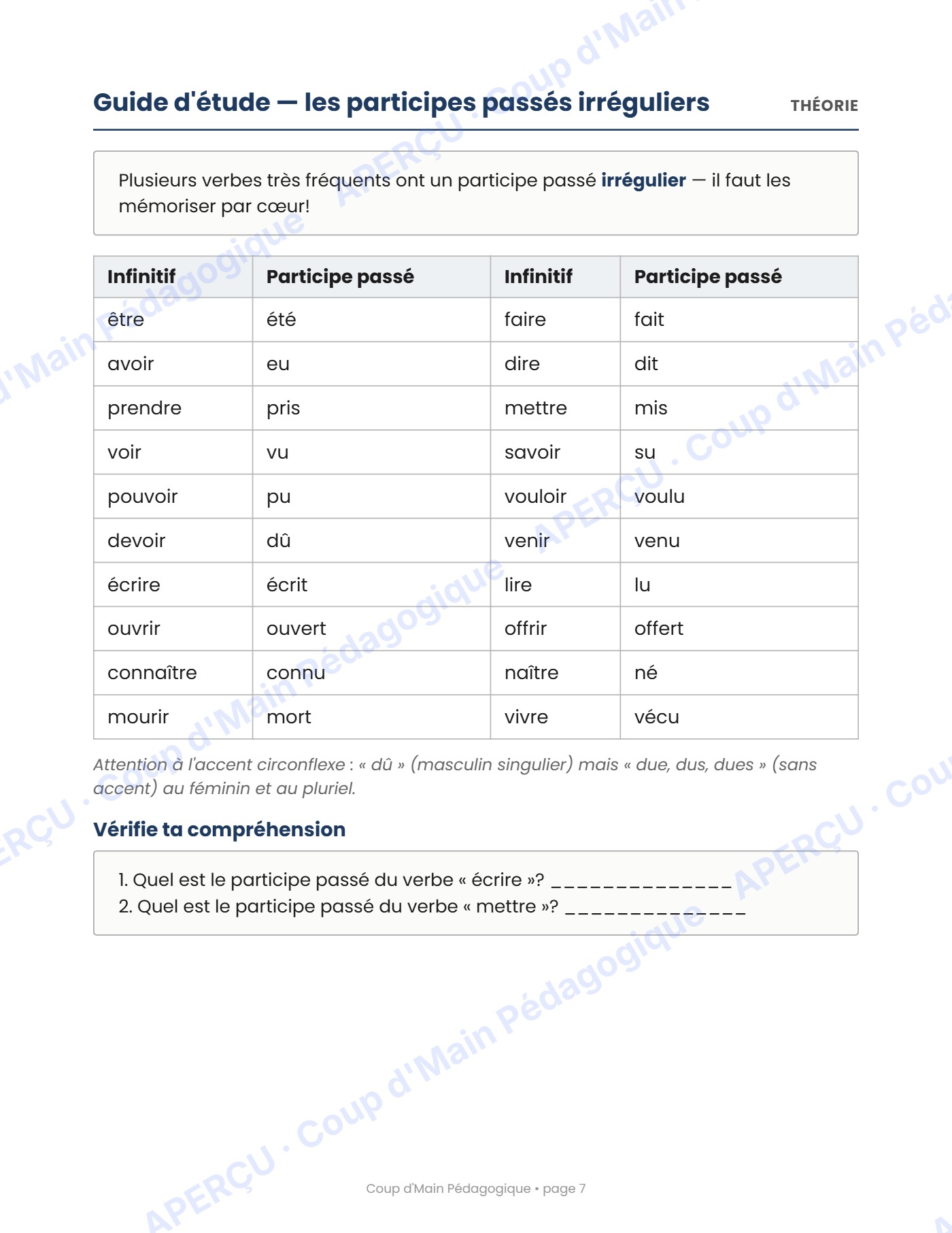Page 7 — L'accord du participe passé — 6e année, cahier