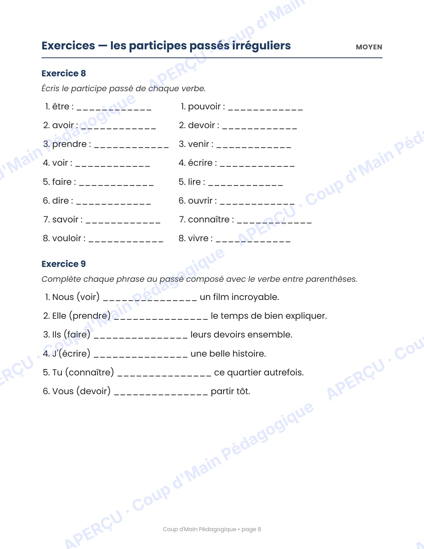 Page 8 — L'accord du participe passé — 6e année, cahier