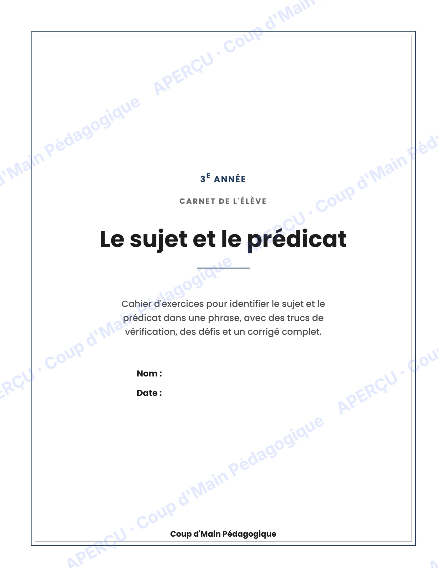 Page 1 — Le sujet et le prédicat — 3e année, cahier