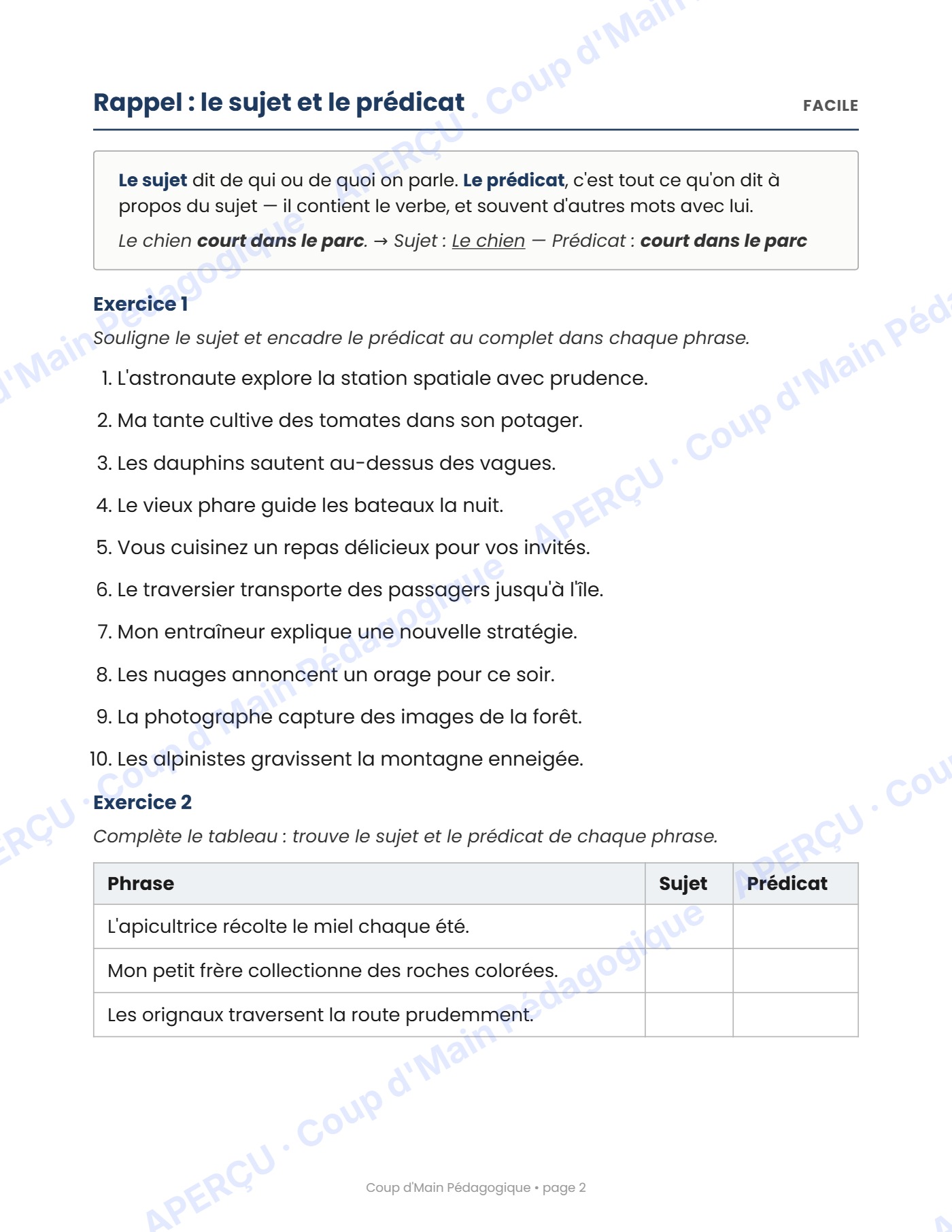 Page 2 — Le sujet et le prédicat — 3e année, cahier