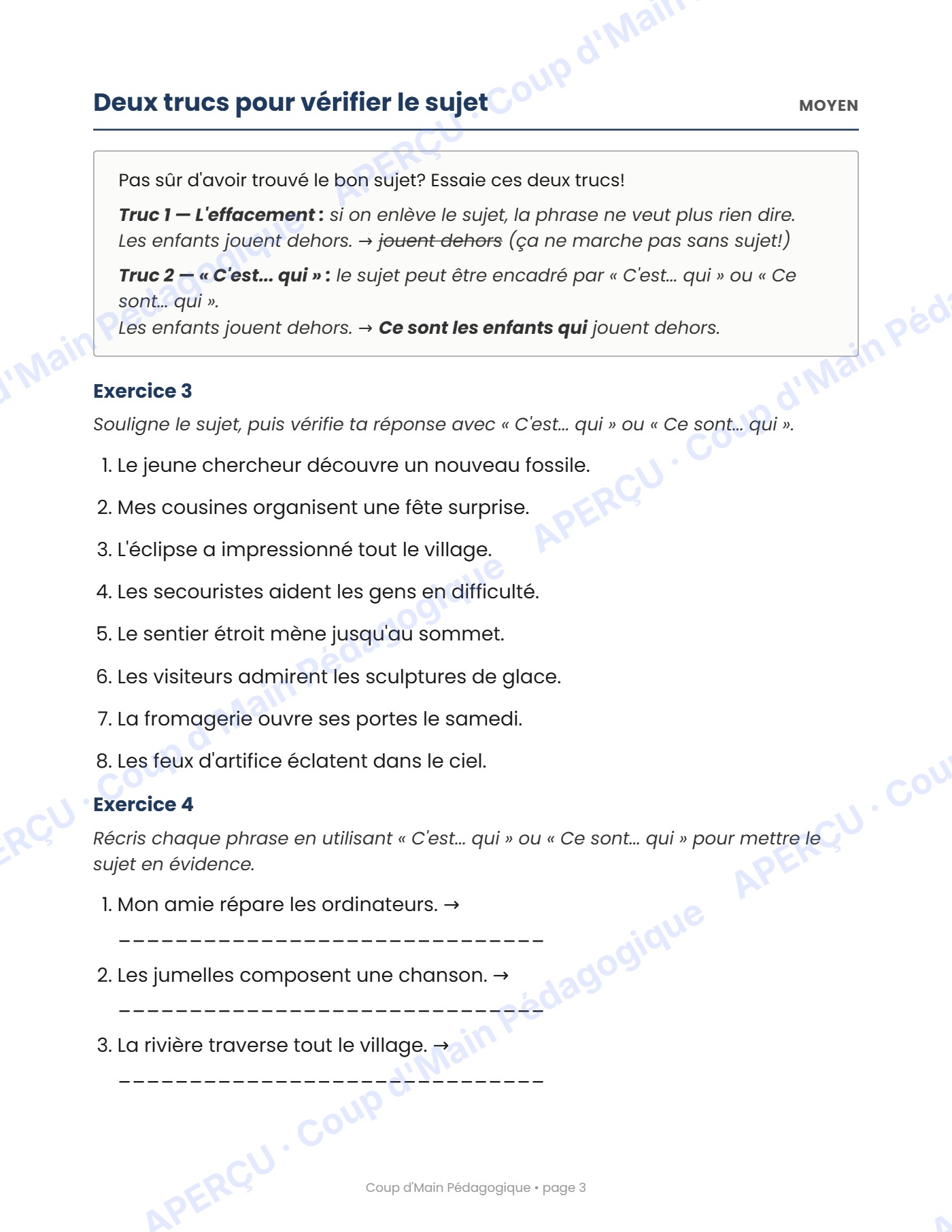 Page 3 — Le sujet et le prédicat — 3e année, cahier