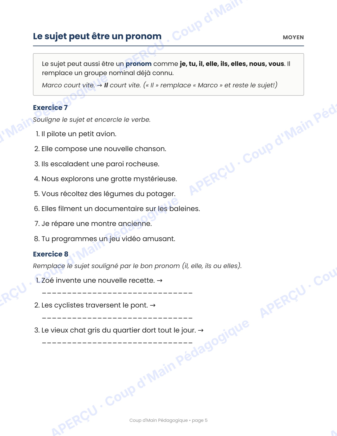 Page 5 — Le sujet et le prédicat — 3e année, cahier