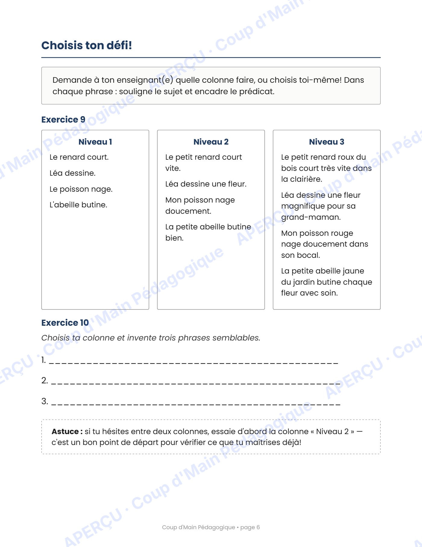 Page 6 — Le sujet et le prédicat — 3e année, cahier