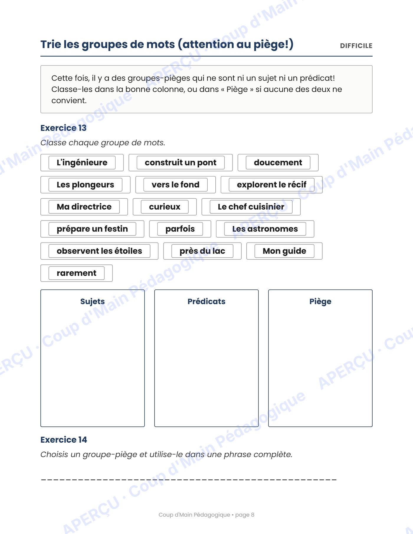 Page 8 — Le sujet et le prédicat — 3e année, cahier