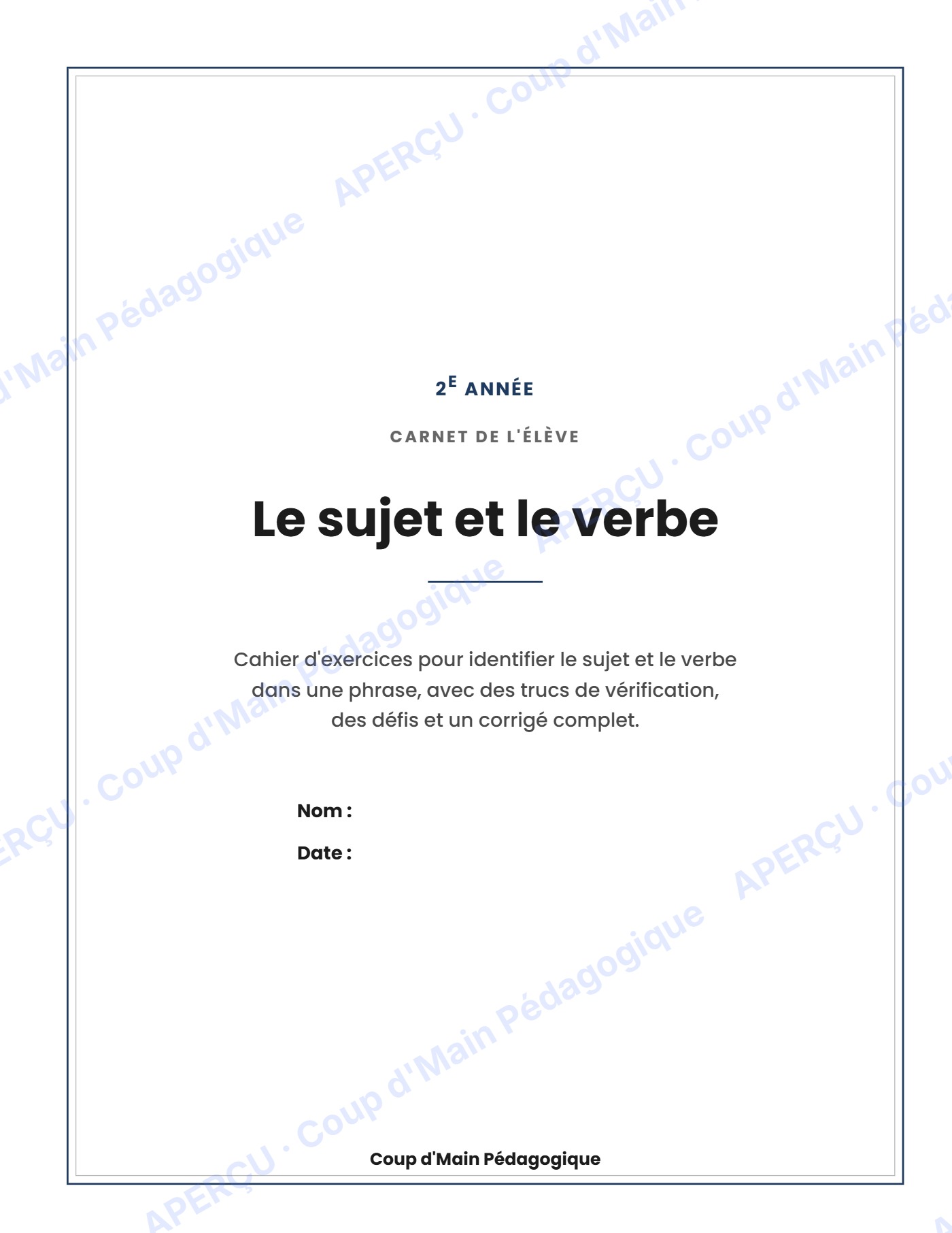Page 1 — Le sujet et le verbe — 2e année, cahier