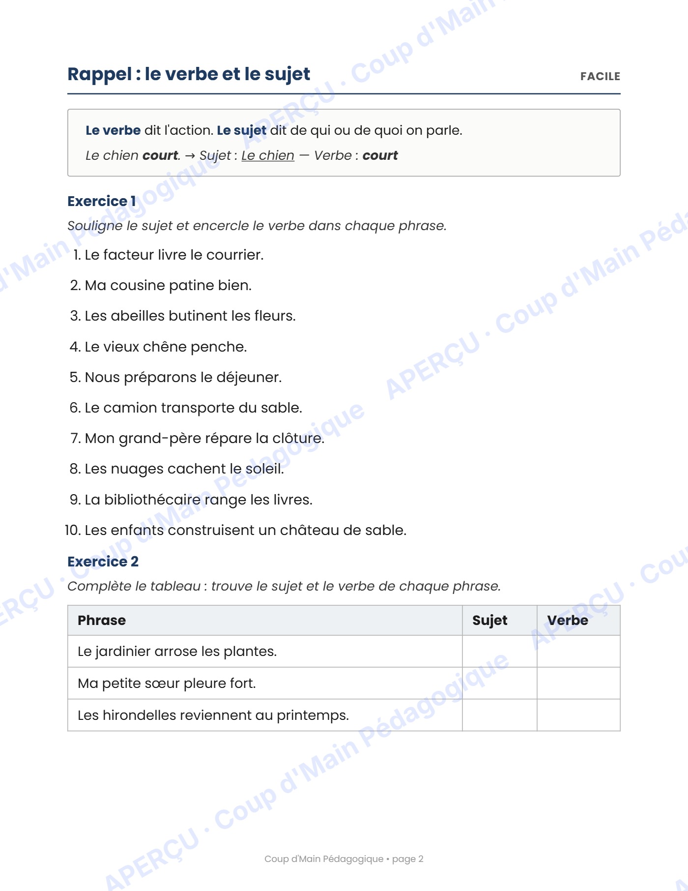 Page 2 — Le sujet et le verbe — 2e année, cahier