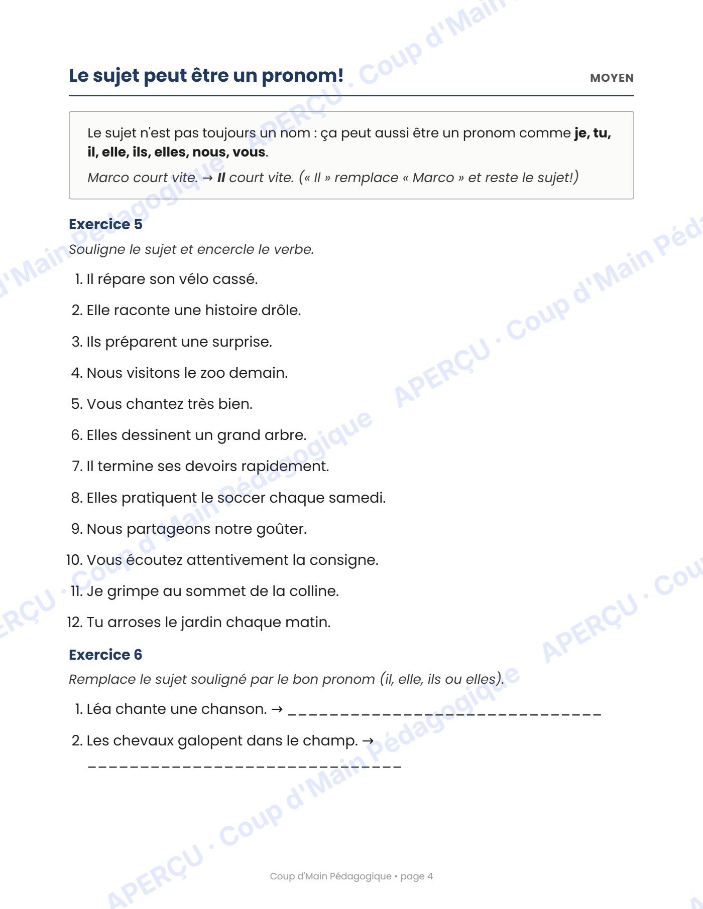 Page 4 — Le sujet et le verbe — 2e année, cahier