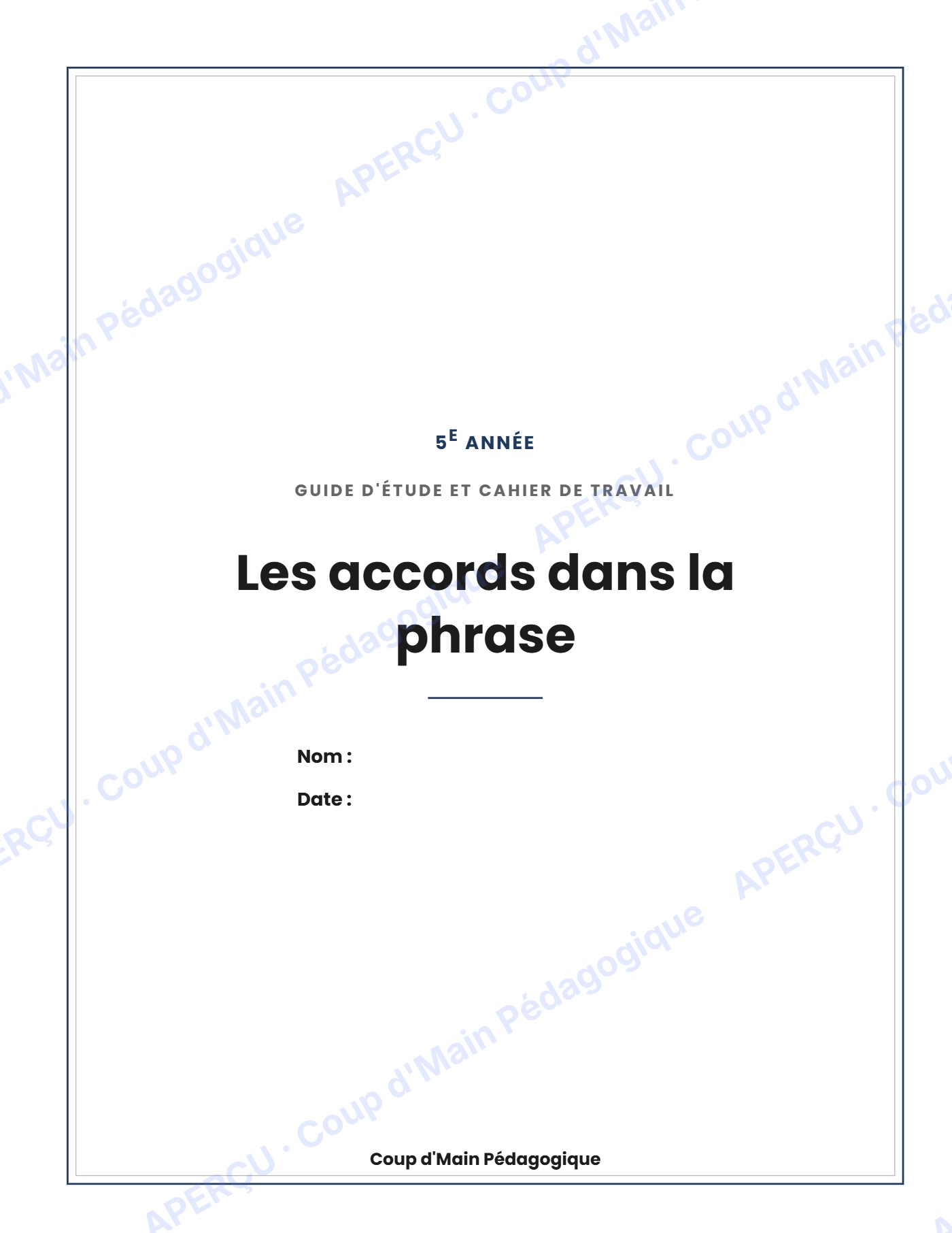Page 1 — Les accords dans la phrase — 5e année, cahier