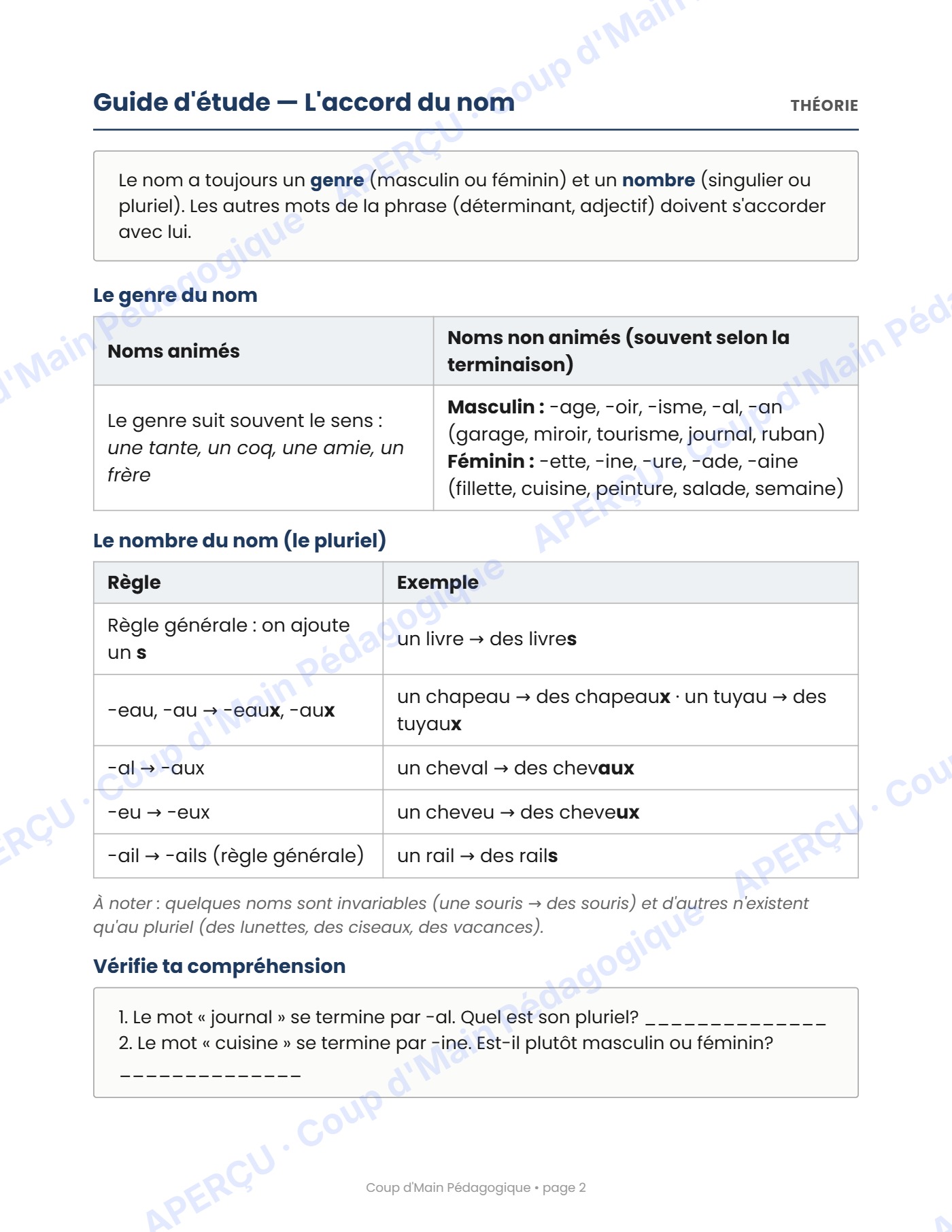 Page 2 — Les accords dans la phrase — 5e année, cahier