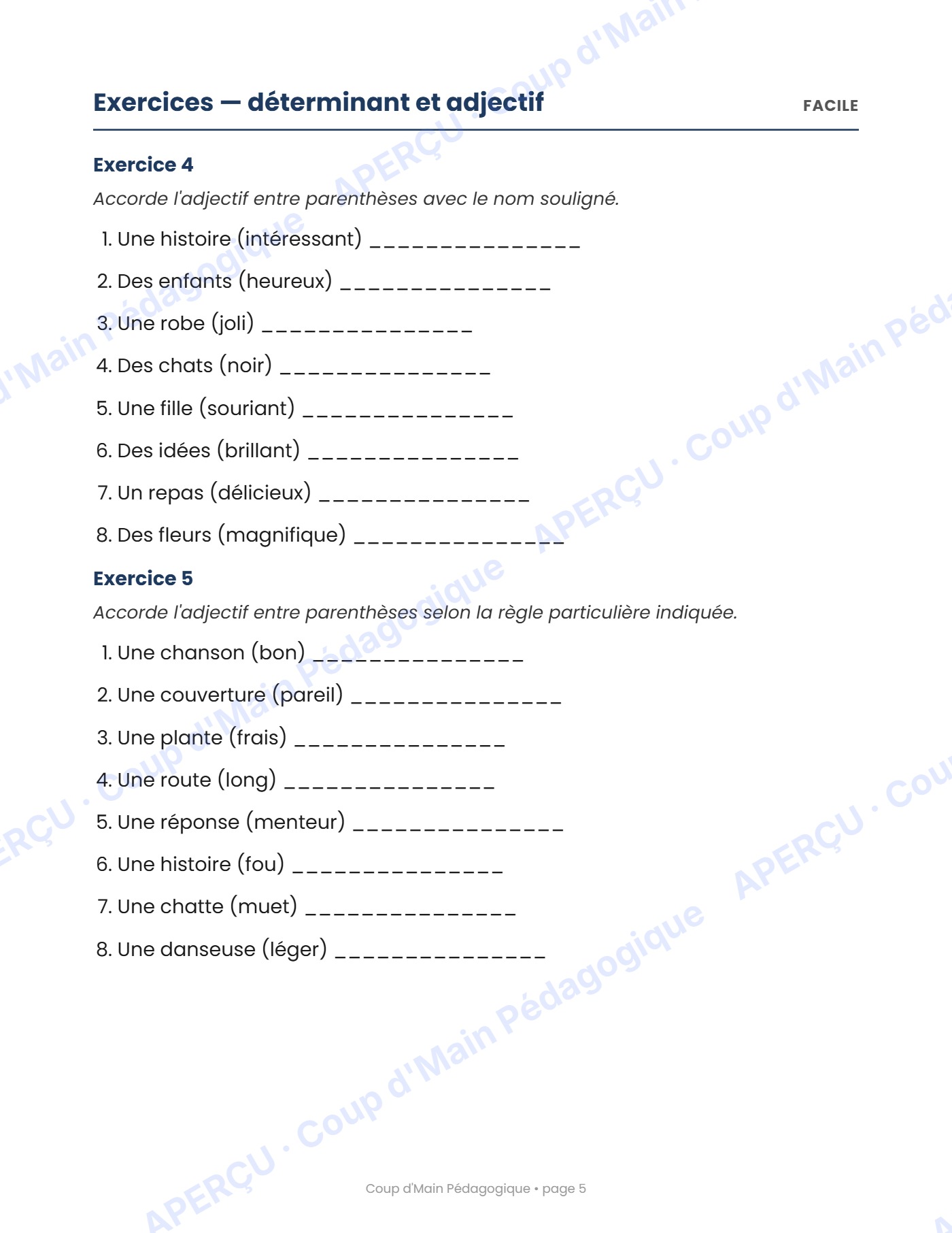 Page 5 — Les accords dans la phrase — 5e année, cahier