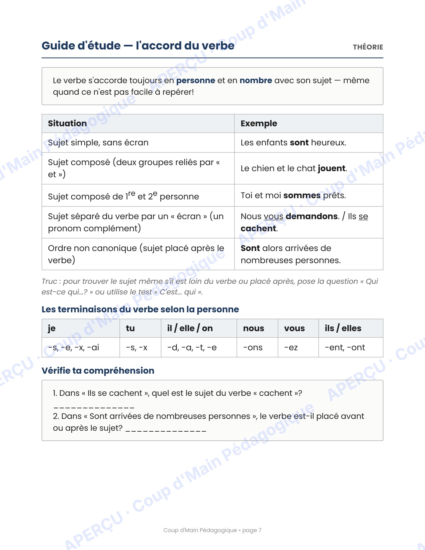 Page 7 — Les accords dans la phrase — 5e année, cahier