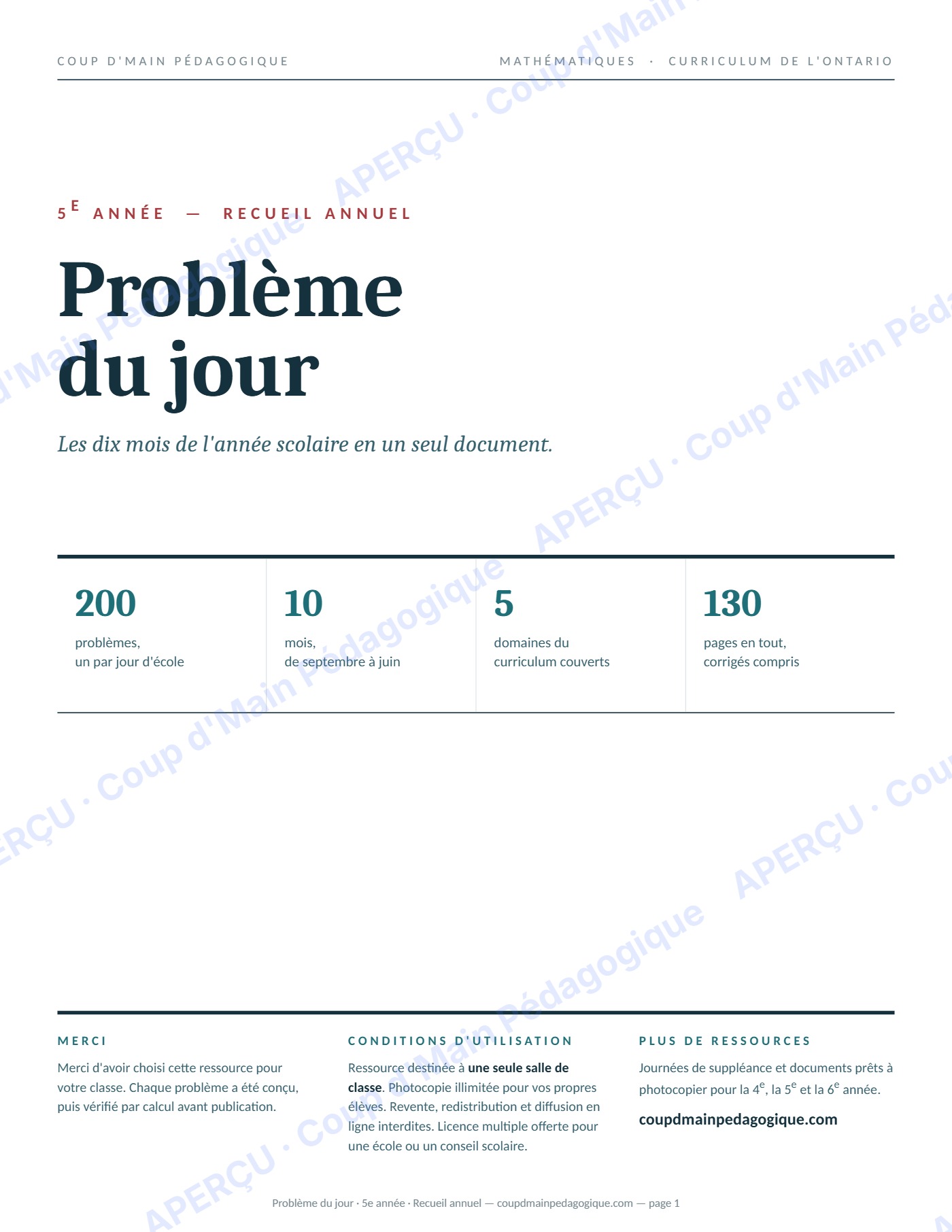 Page 1 — Problème du jour — 5e année, recueil annuel