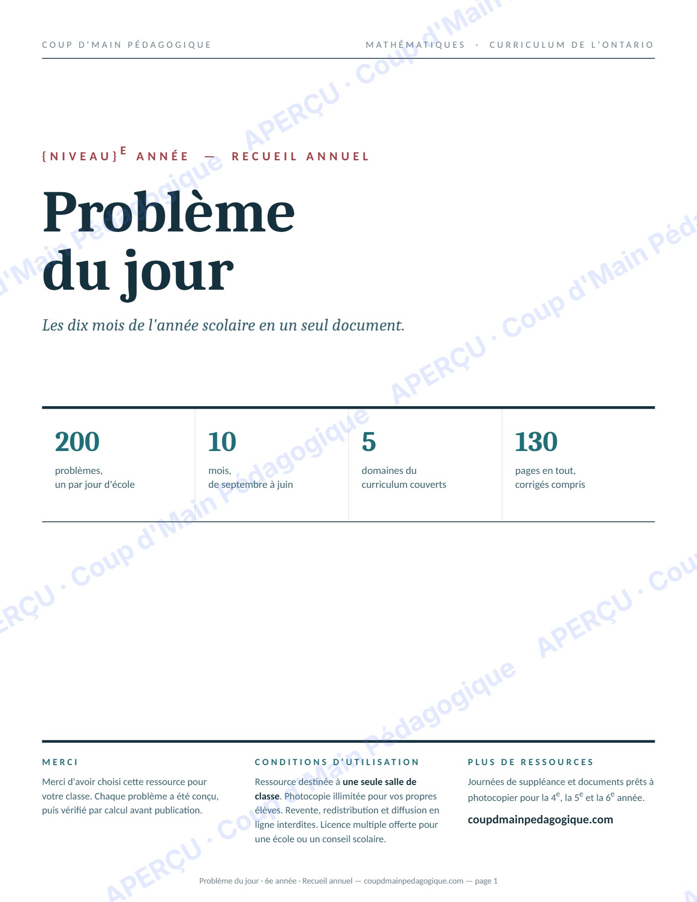 Page 1 — Problème du jour — 6e année, recueil annuel