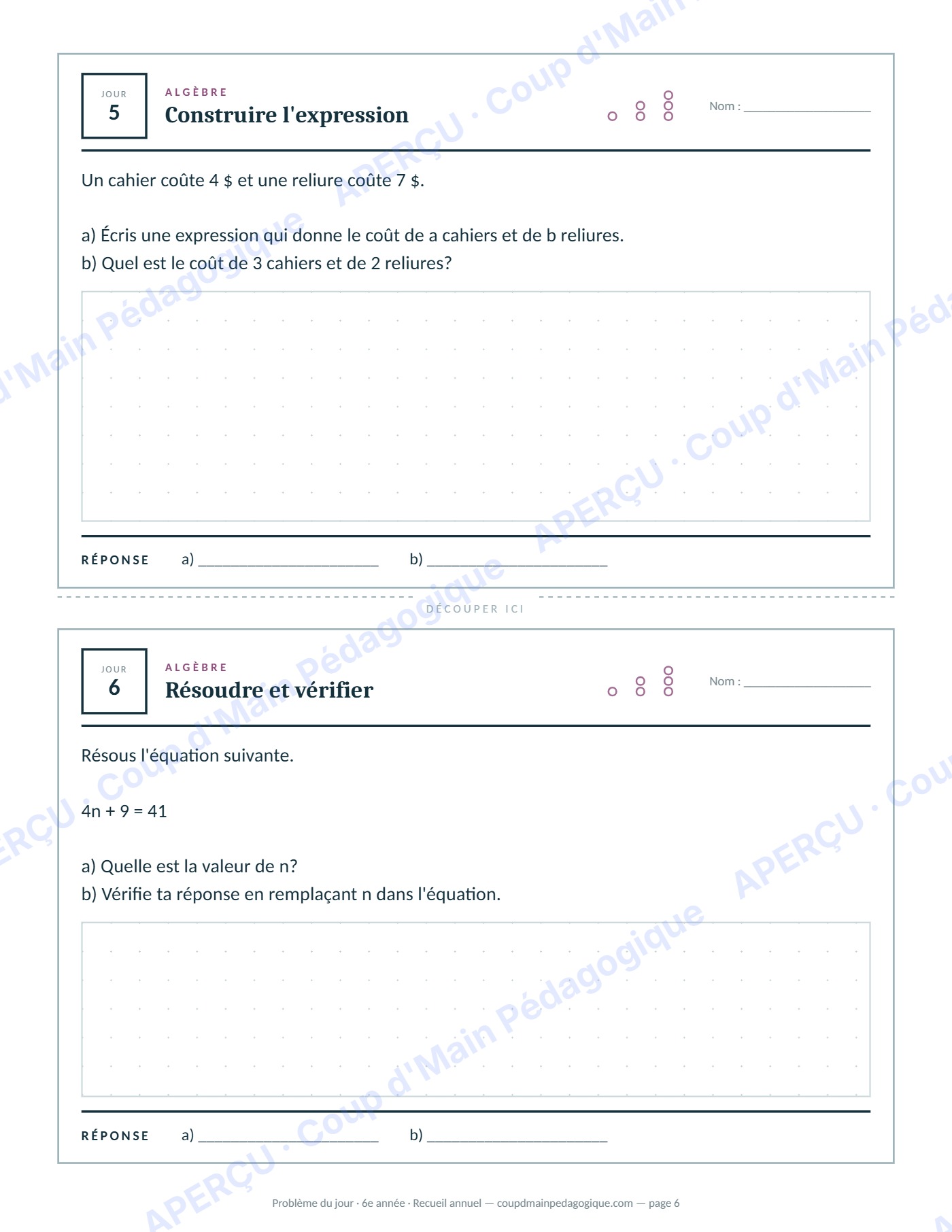 Page 6 — Problème du jour — 6e année, recueil annuel