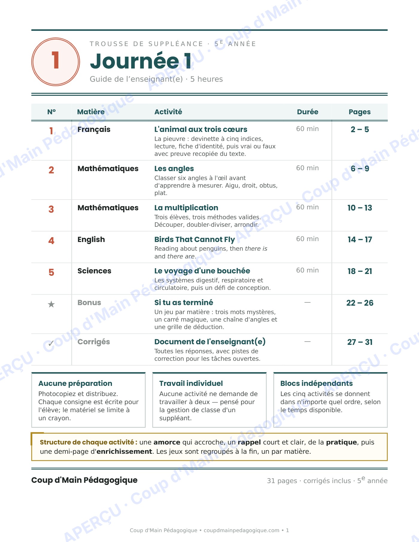 Page 1 — Journée de suppléance 1 — 5e année, la pieuvre