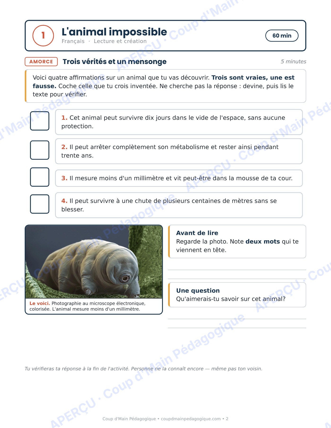 Page 2 — Journée de suppléance 1 — 6e année, le tardigrade