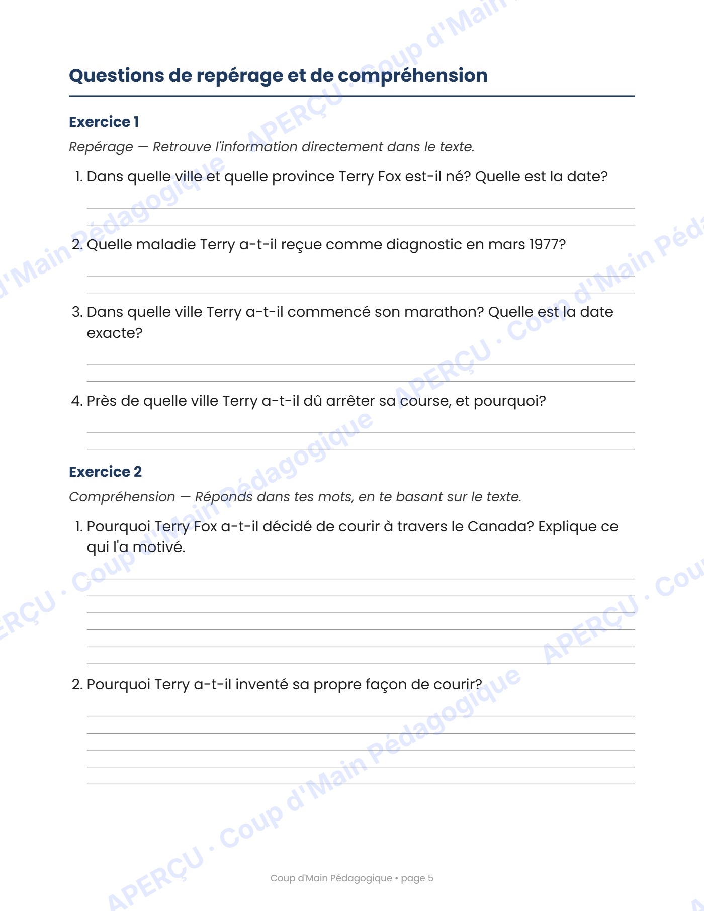 Page 5 — Terry Fox — 3e-4e année, lecture