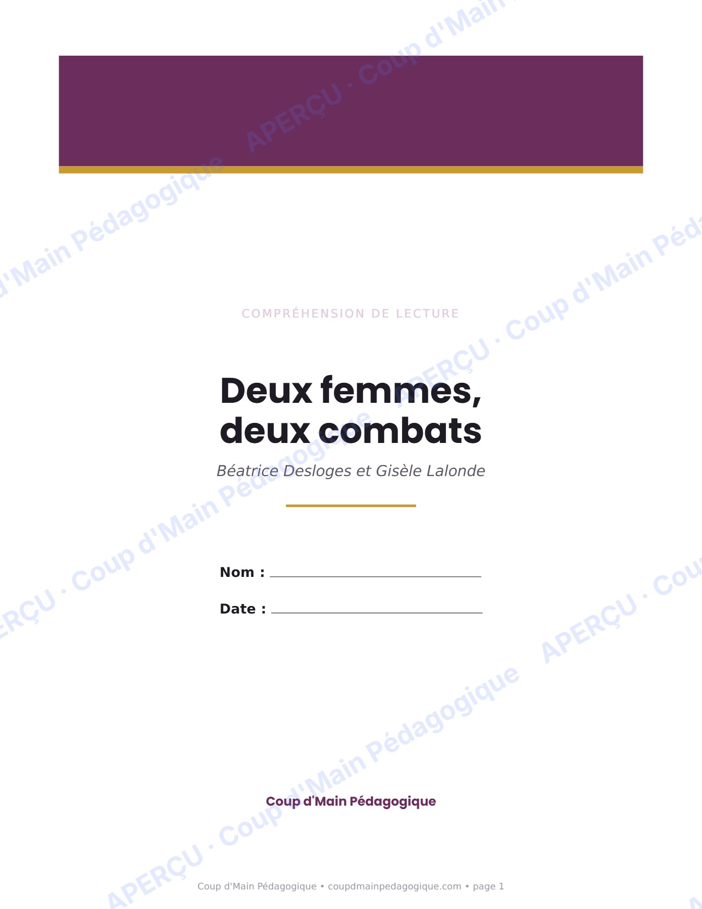Page 1 — Deux femmes, deux combats — 6e année