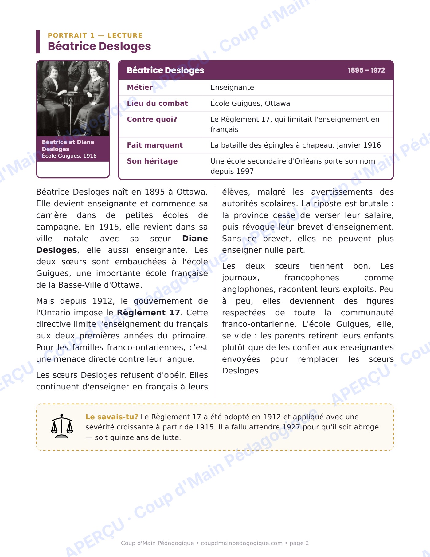 Page 2 — Deux femmes, deux combats — 6e année