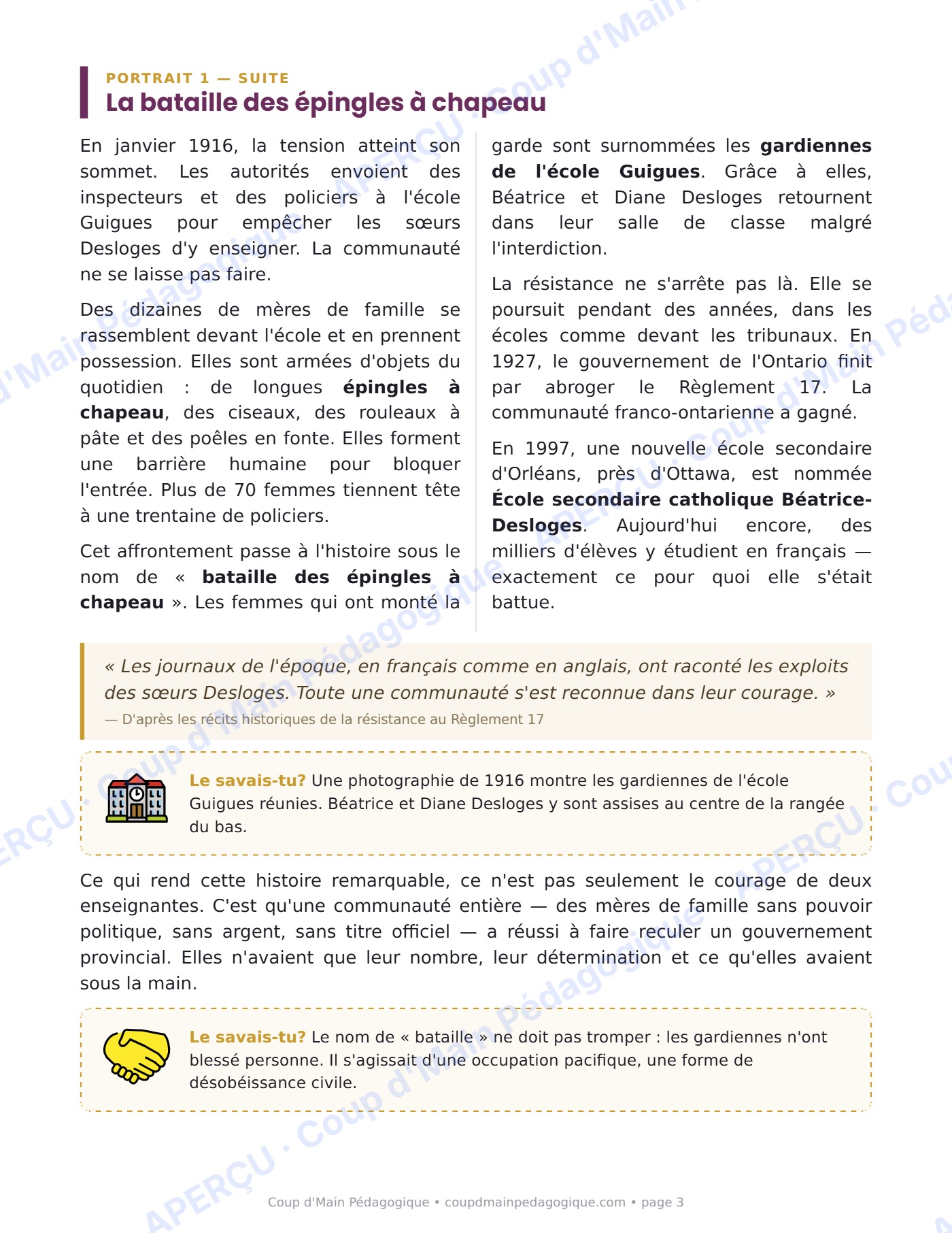 Page 3 — Deux femmes, deux combats — 6e année