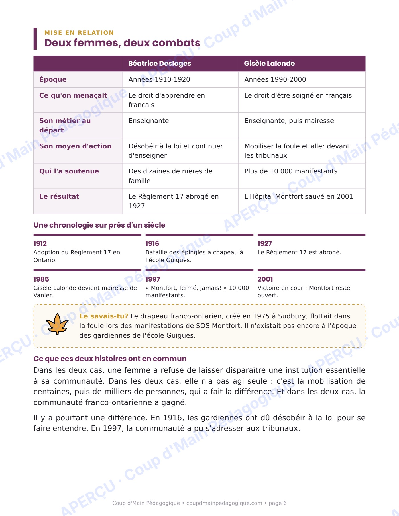 Page 6 — Deux femmes, deux combats — 6e année