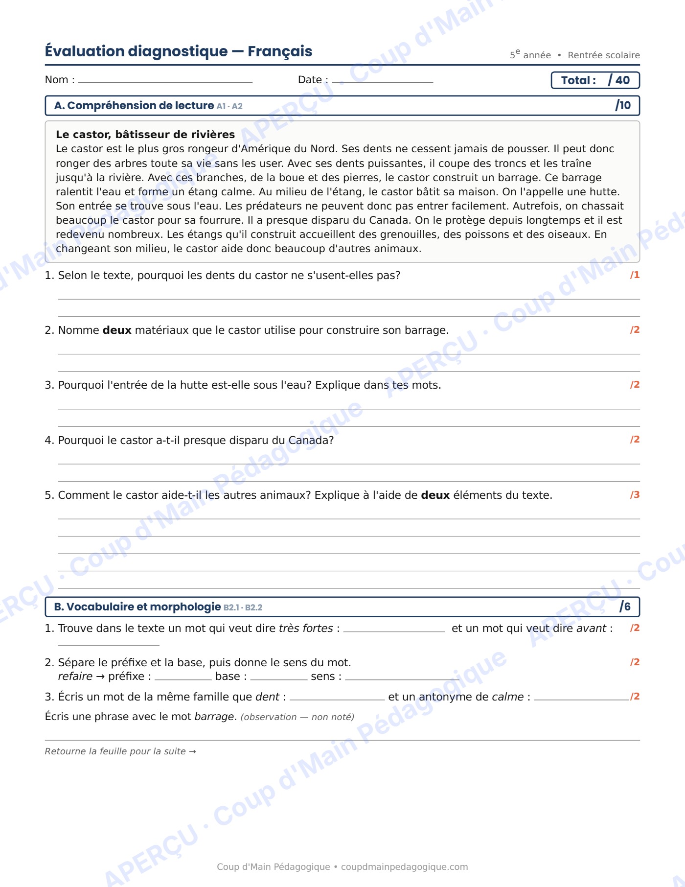 Page 1 — Évaluation diagnostique de français — 5e année