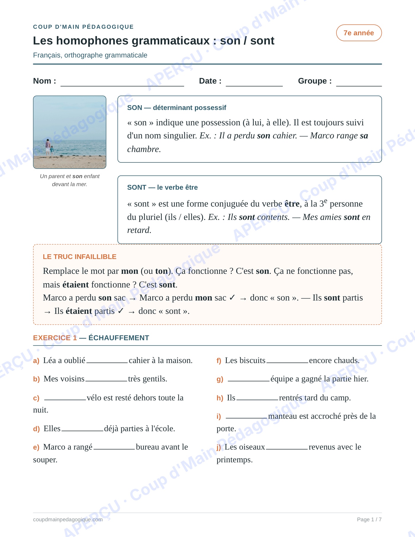 Page 1 — Les homophones son/sont — 7e année, fiche