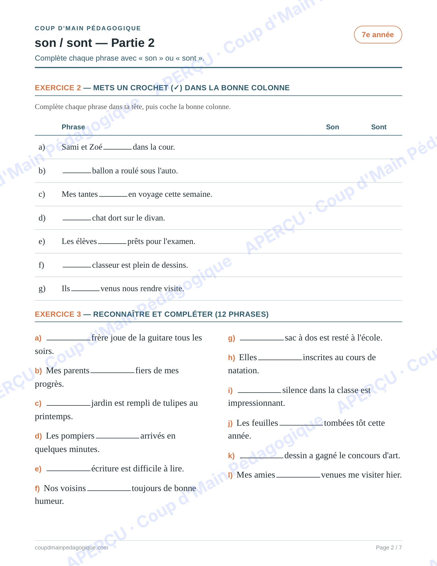 Page 2 — Les homophones son/sont — 7e année, fiche