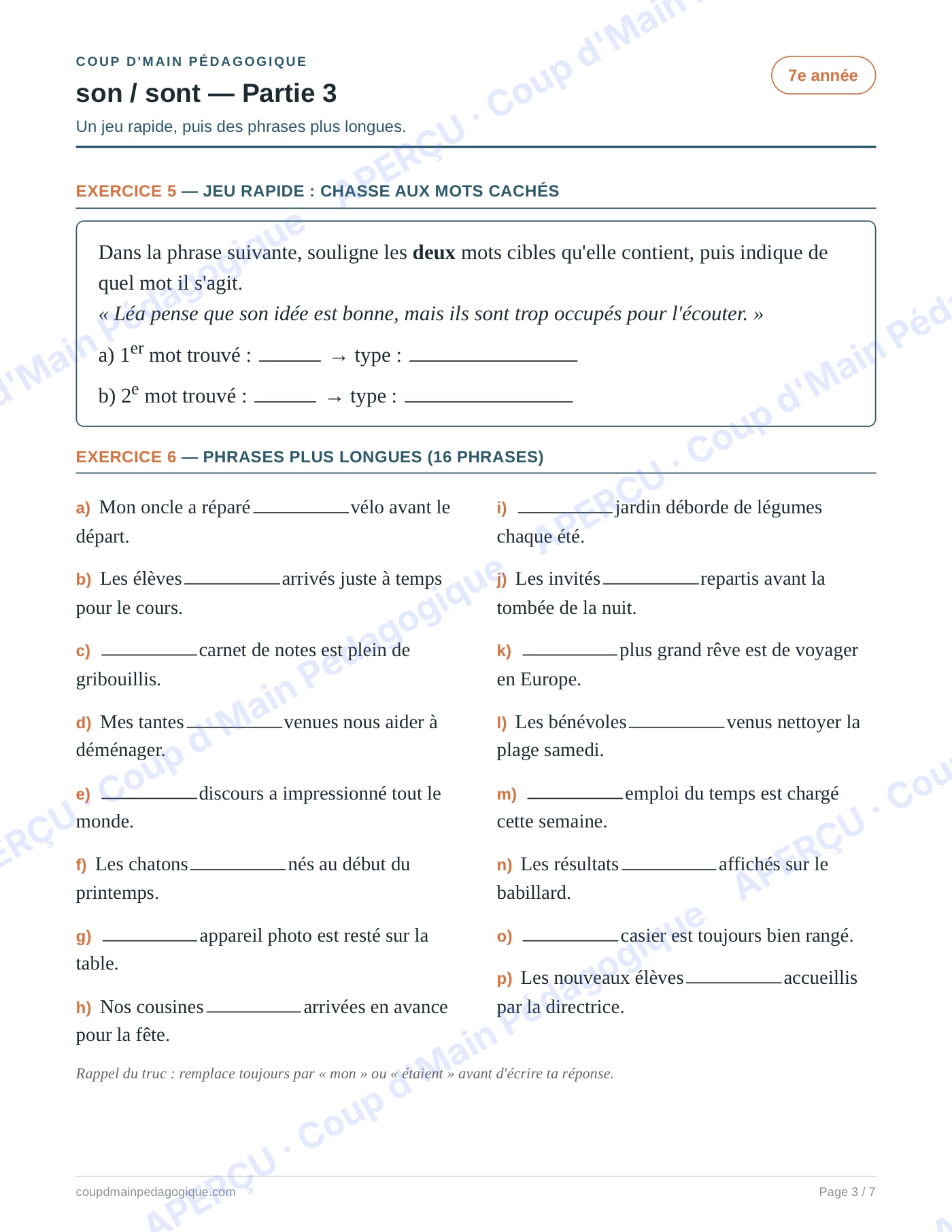 Page 3 — Les homophones son/sont — 7e année, fiche