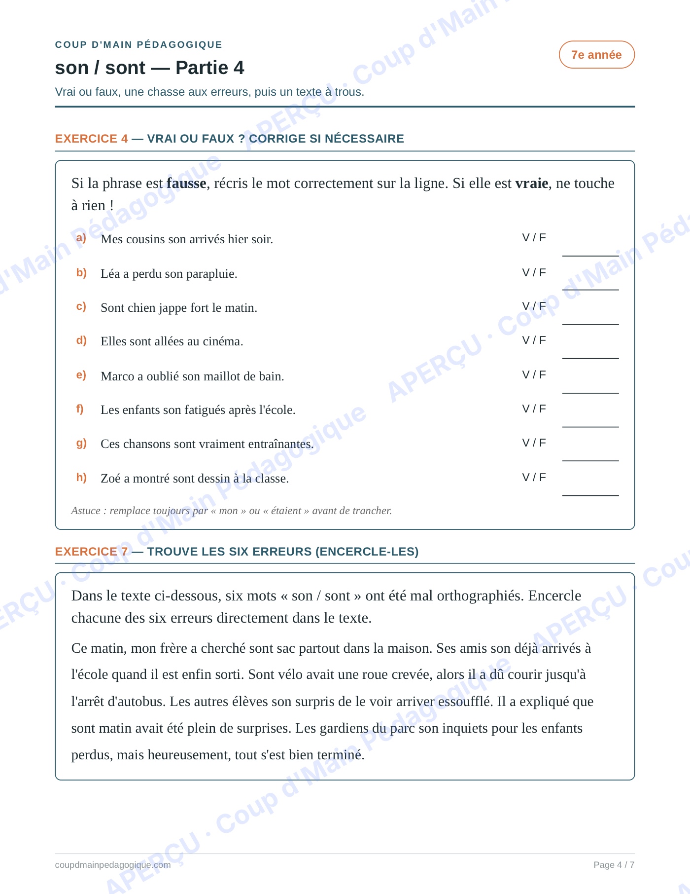 Page 4 — Les homophones son/sont — 7e année, fiche