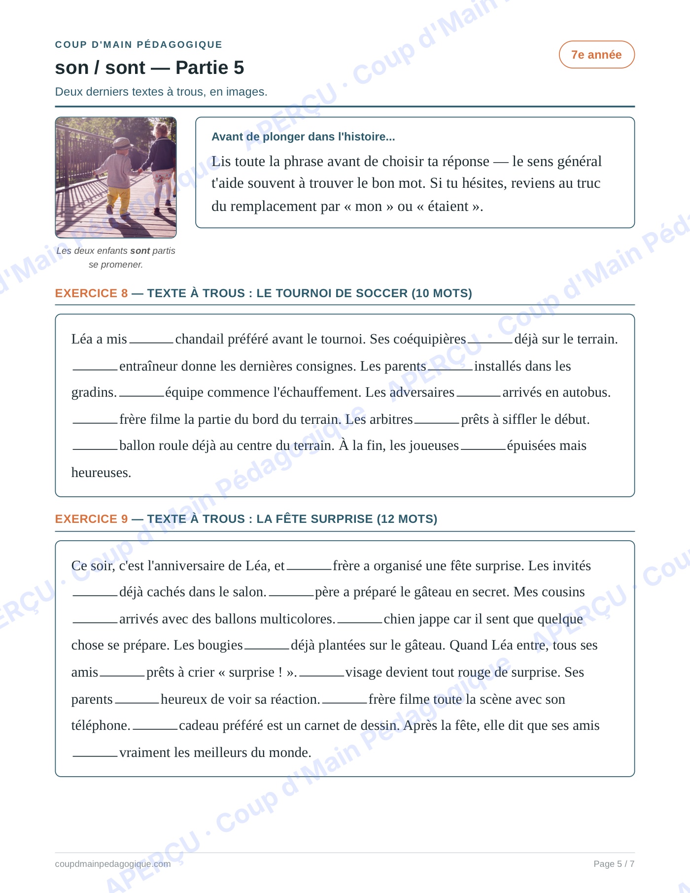 Page 5 — Les homophones son/sont — 7e année, fiche