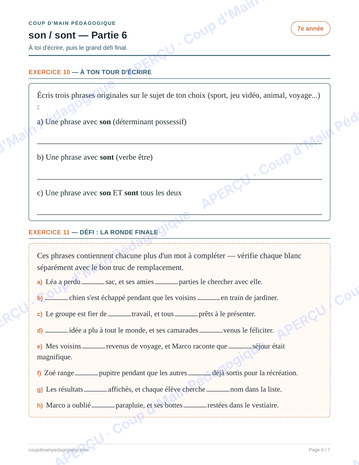 Page 6 — Les homophones son/sont — 7e année, fiche