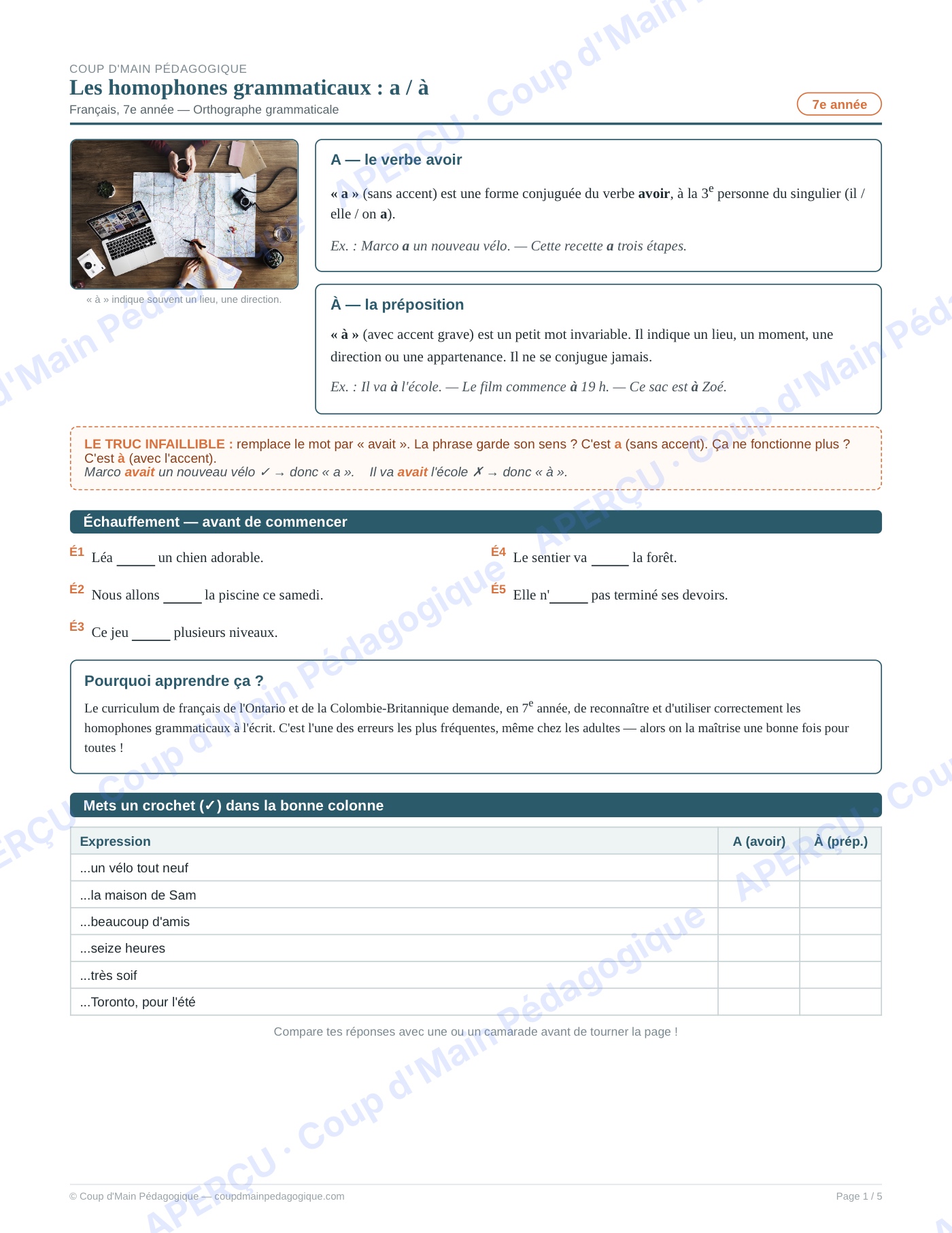 Page 1 — Les homophones a/à — 7e année, fiche