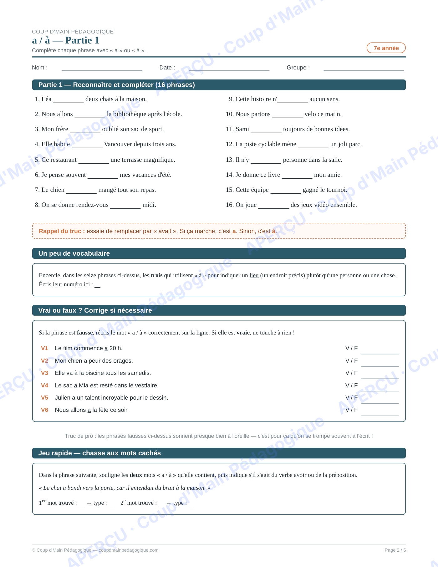 Page 2 — Les homophones a/à — 7e année, fiche