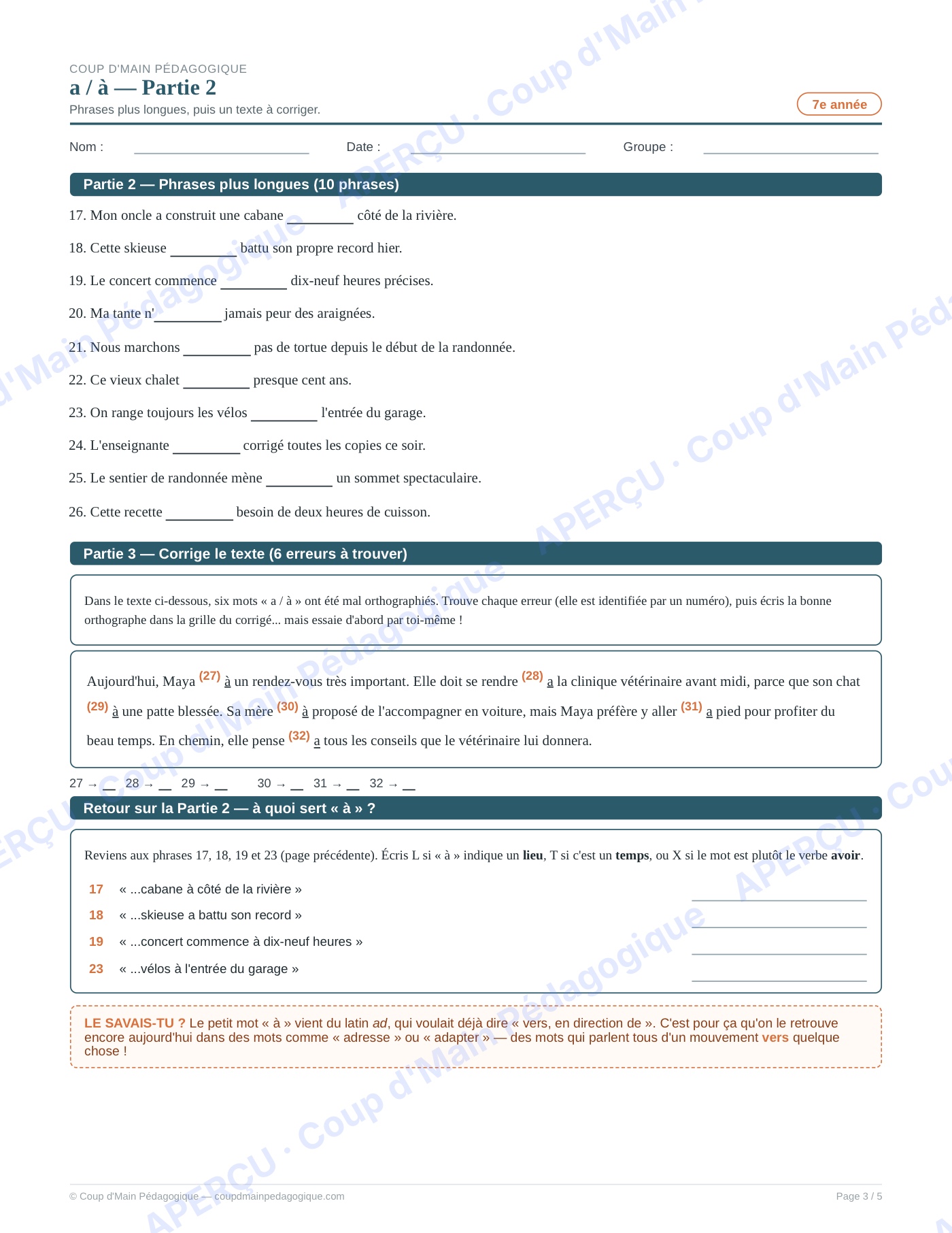 Page 3 — Les homophones a/à — 7e année, fiche
