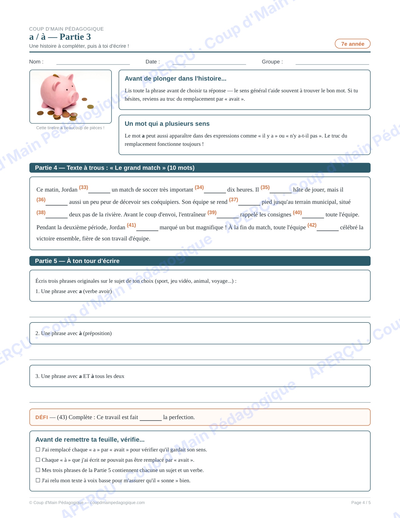 Page 4 — Les homophones a/à — 7e année, fiche