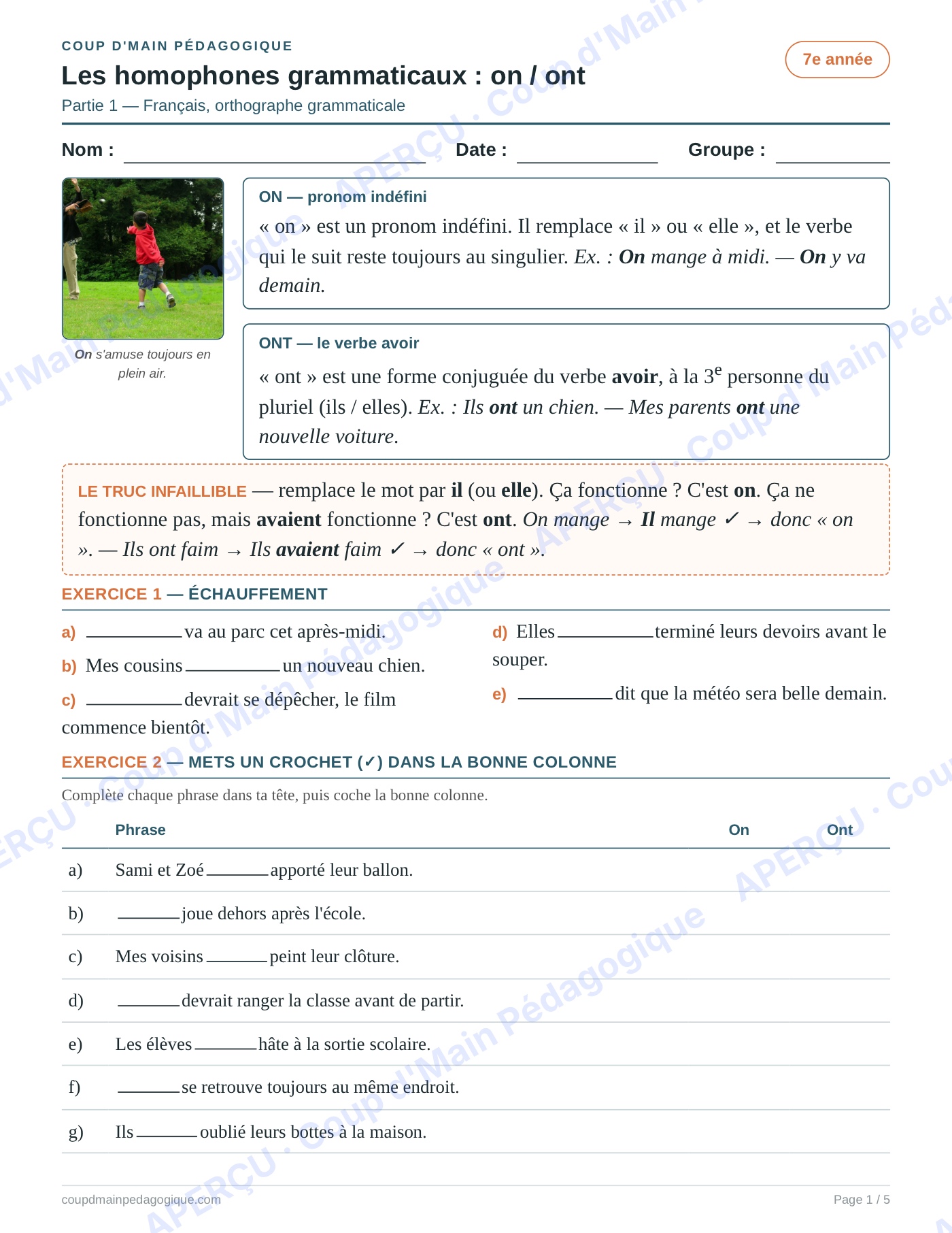 Page 1 — Les homophones on/ont — 7e année, fiche