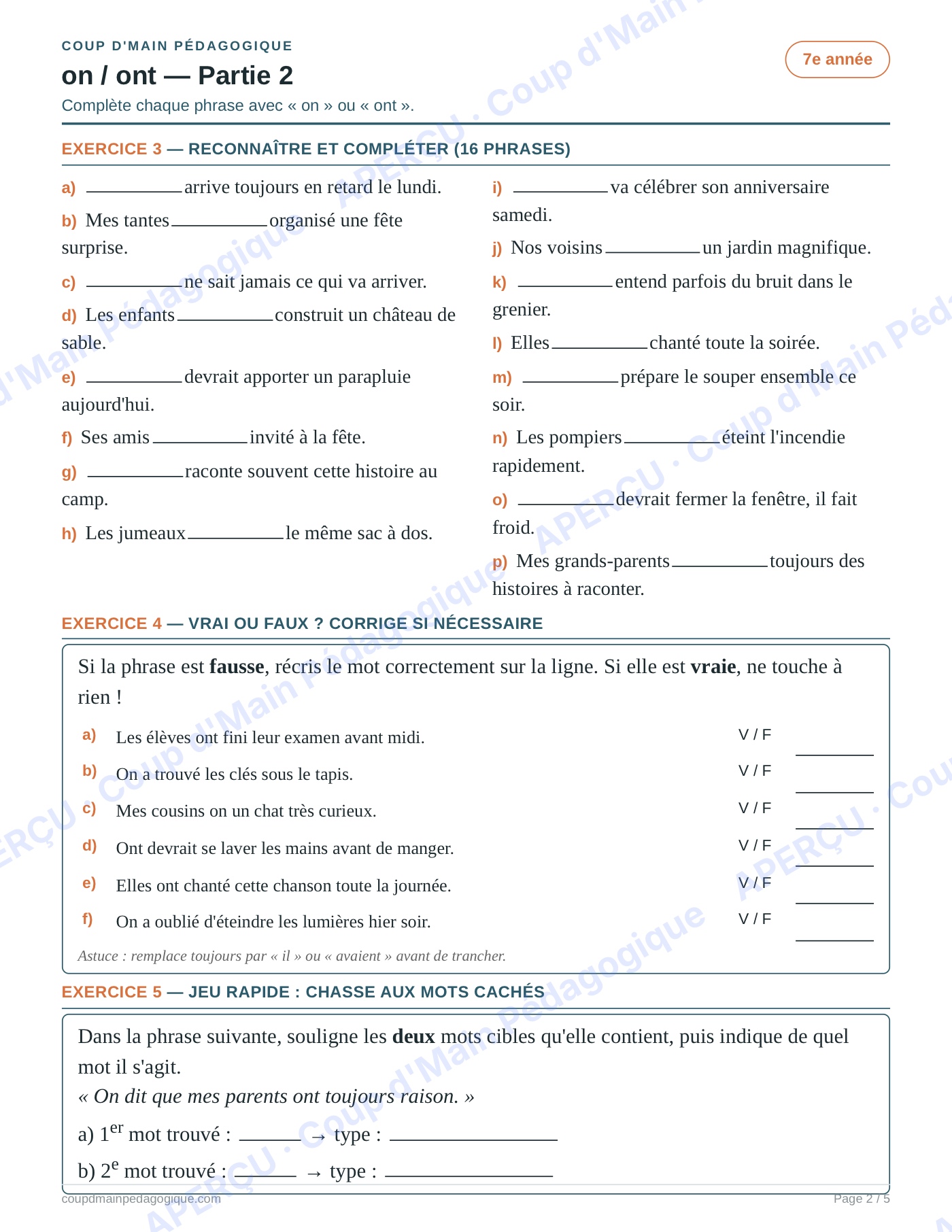 Page 2 — Les homophones on/ont — 7e année, fiche