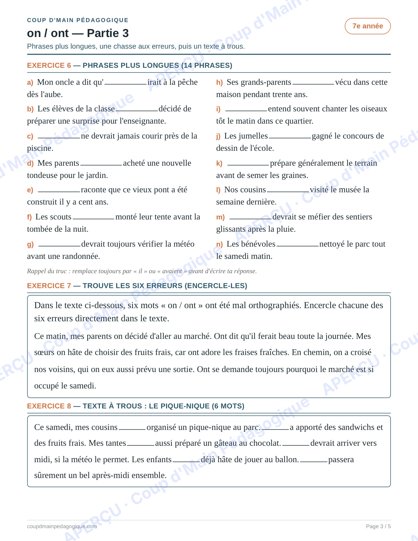 Page 3 — Les homophones on/ont — 7e année, fiche
