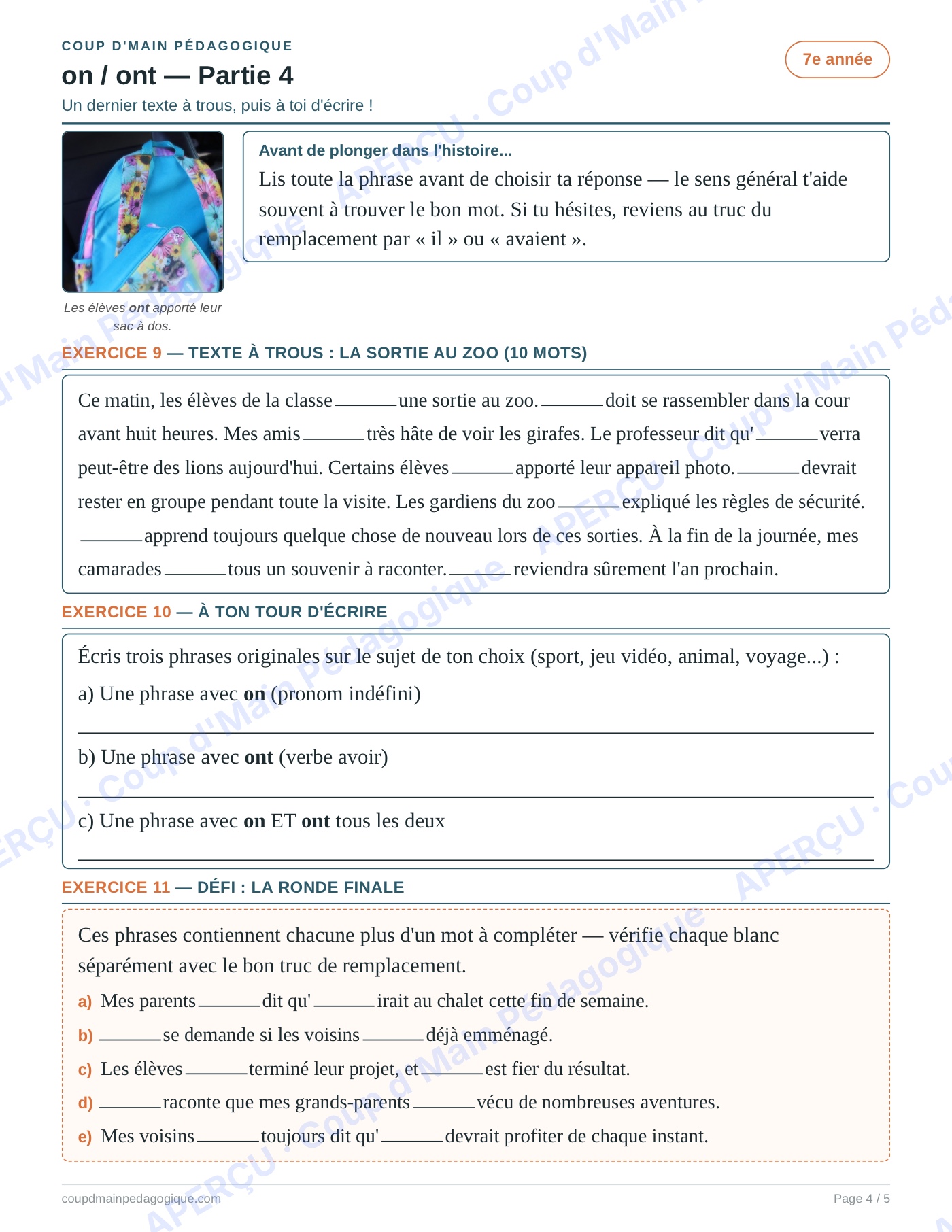 Page 4 — Les homophones on/ont — 7e année, fiche
