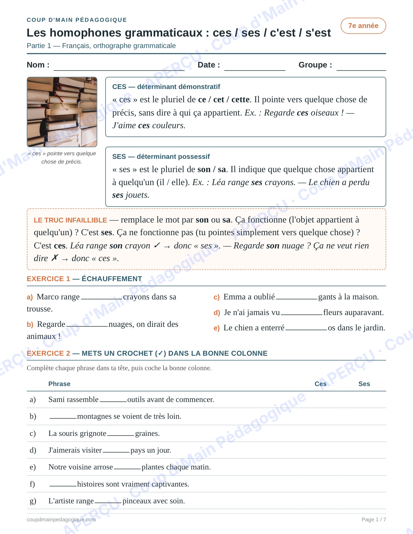 Page 1 — Homophones ces/ses/c'est/s'est — 7e année, fiche