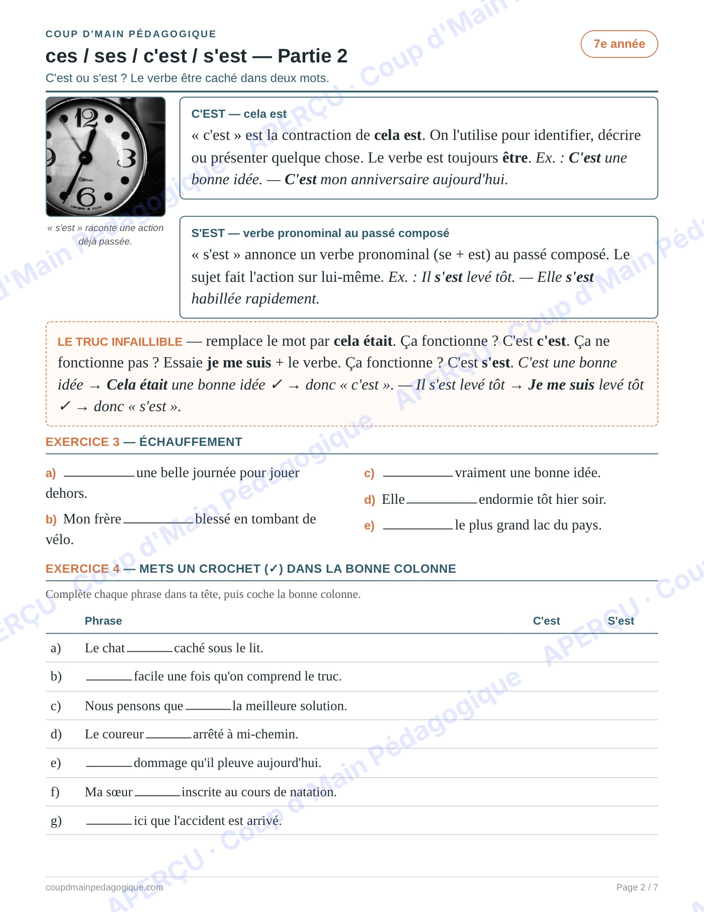 Page 2 — Homophones ces/ses/c'est/s'est — 7e année, fiche