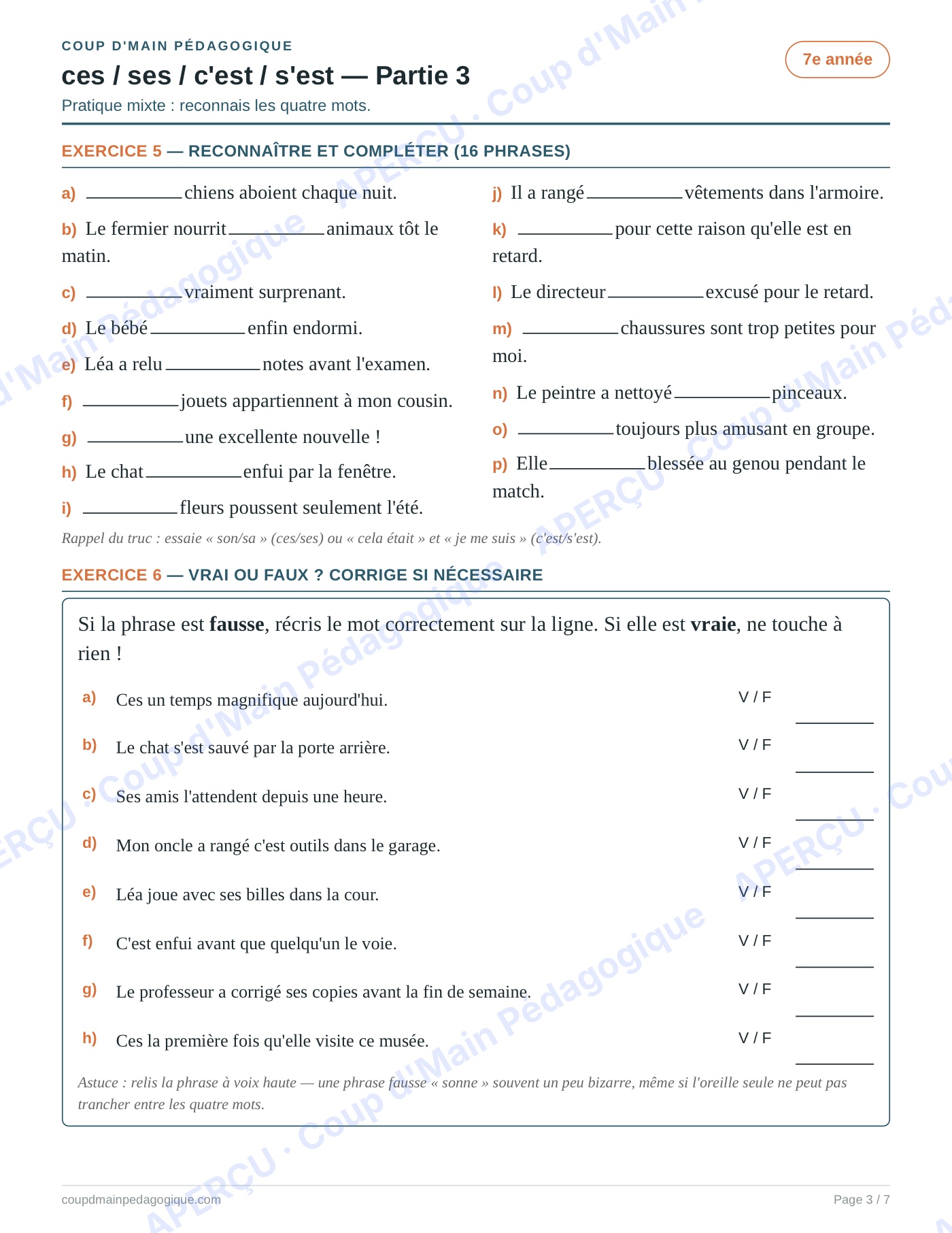 Page 3 — Homophones ces/ses/c'est/s'est — 7e année, fiche