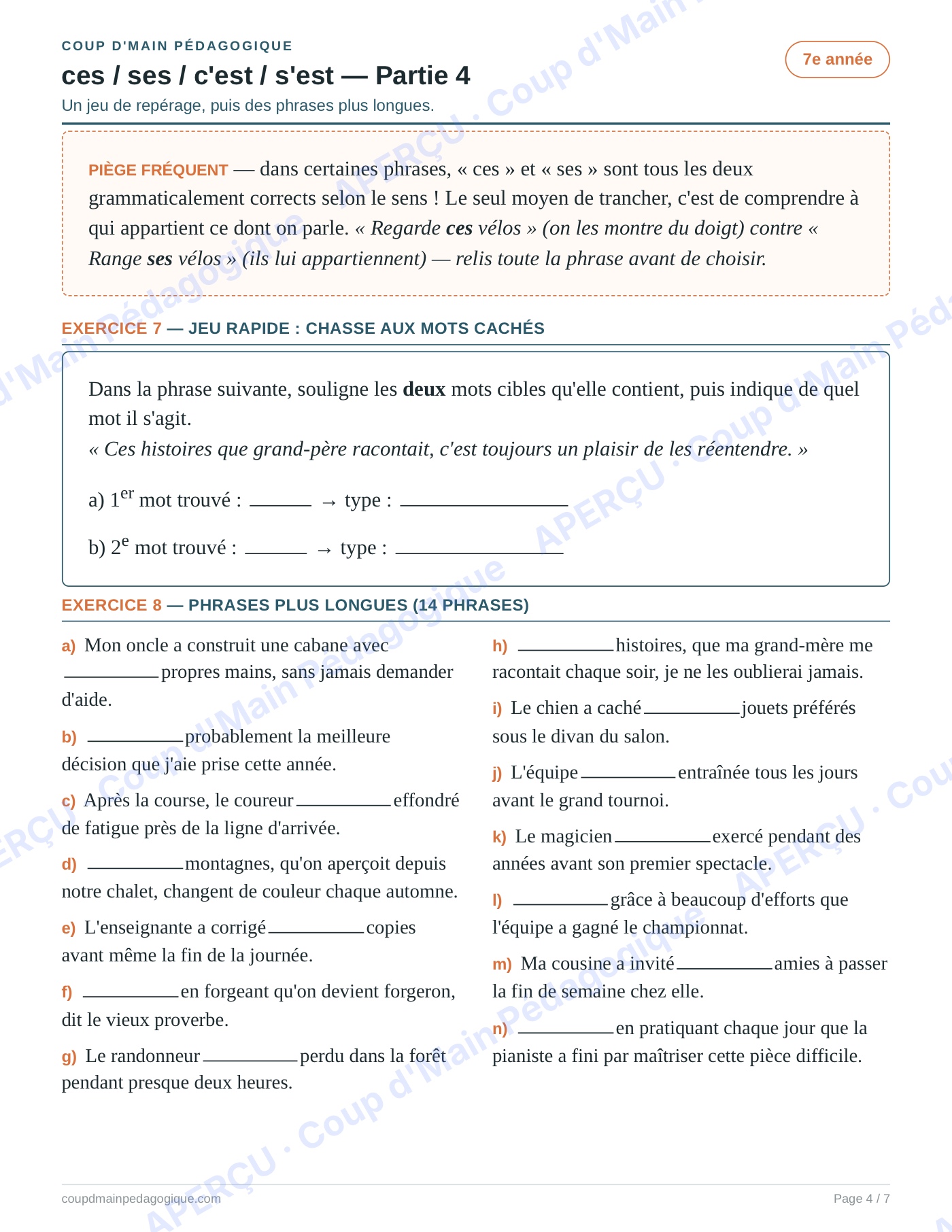 Page 4 — Homophones ces/ses/c'est/s'est — 7e année, fiche