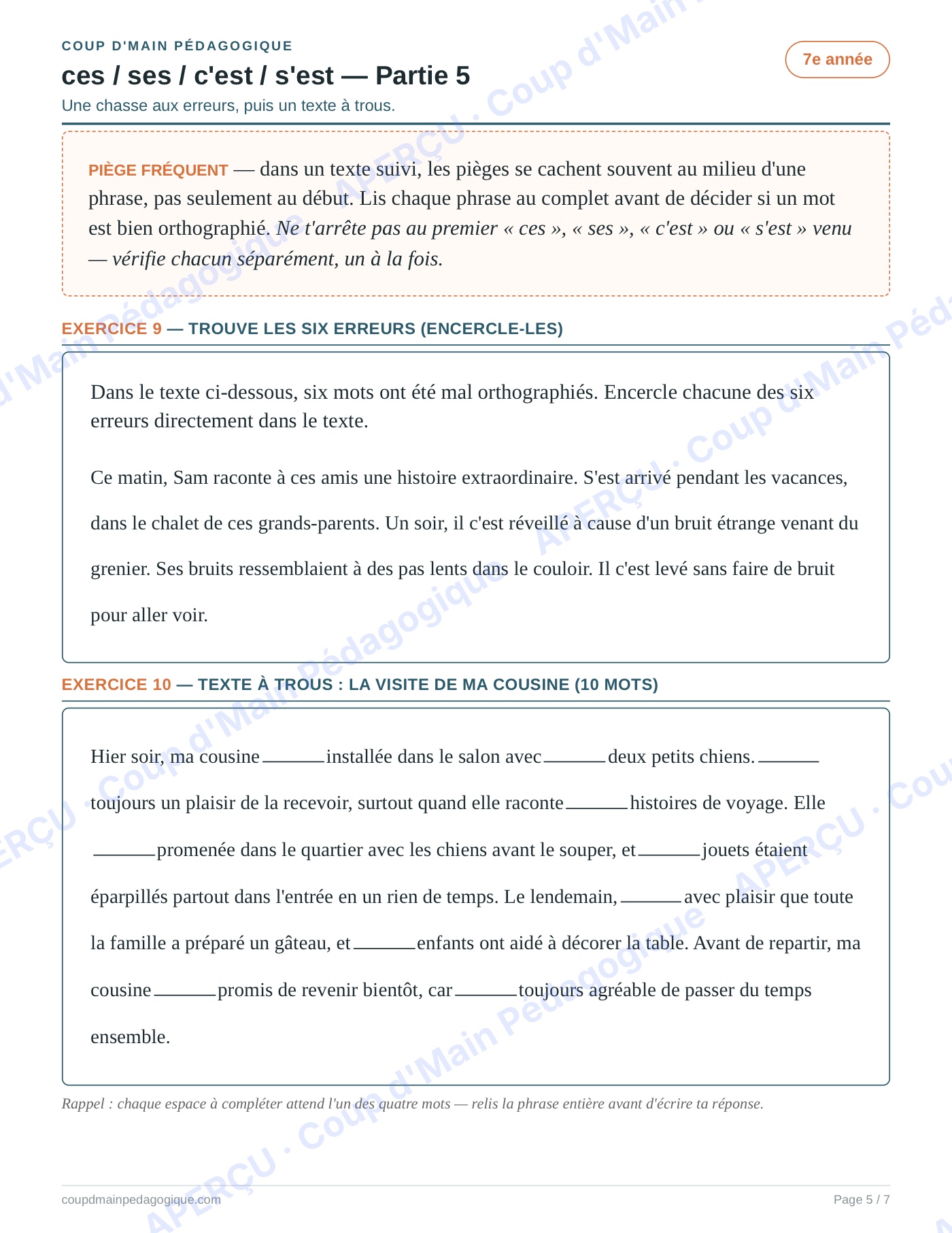 Page 5 — Homophones ces/ses/c'est/s'est — 7e année, fiche