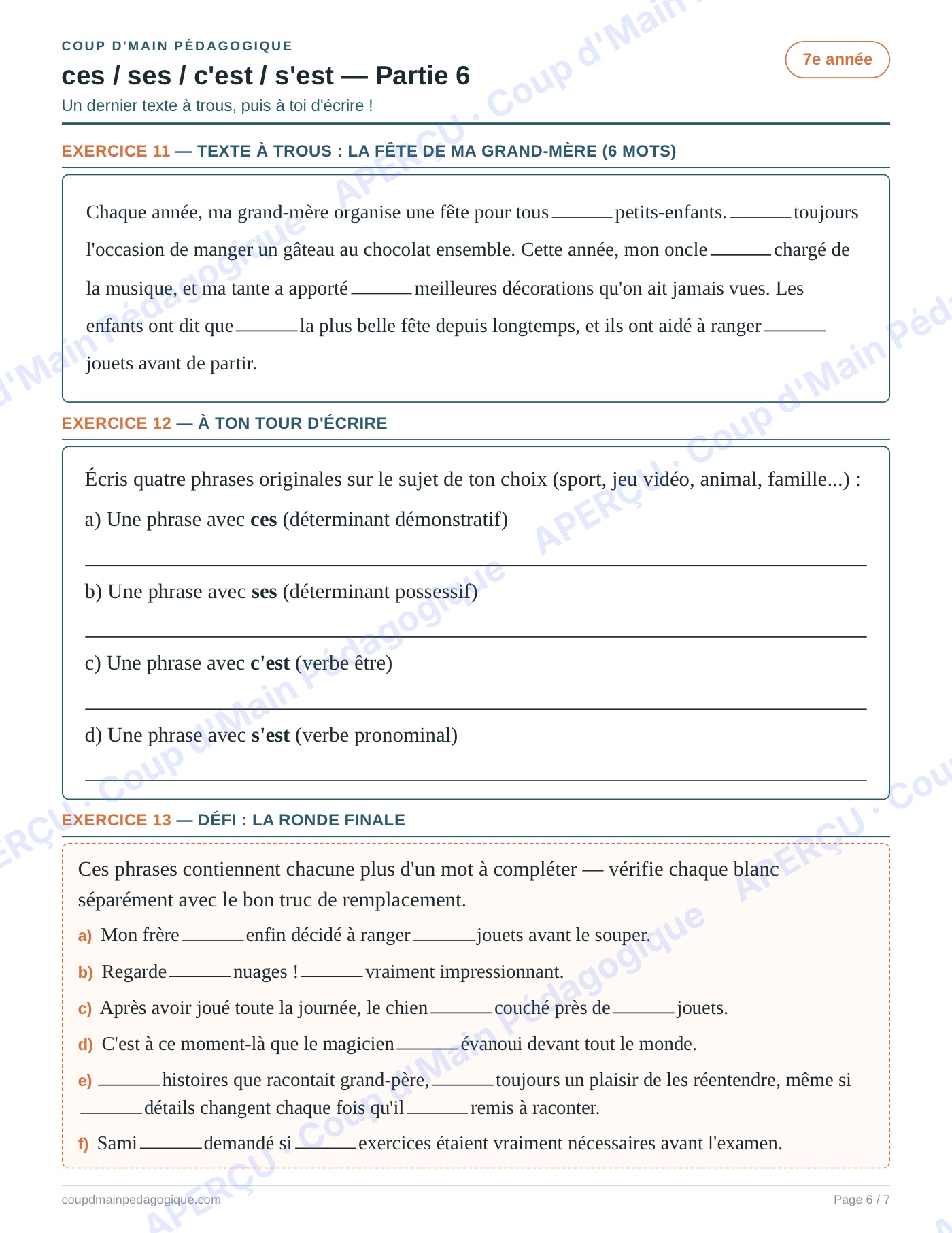 Page 6 — Homophones ces/ses/c'est/s'est — 7e année, fiche