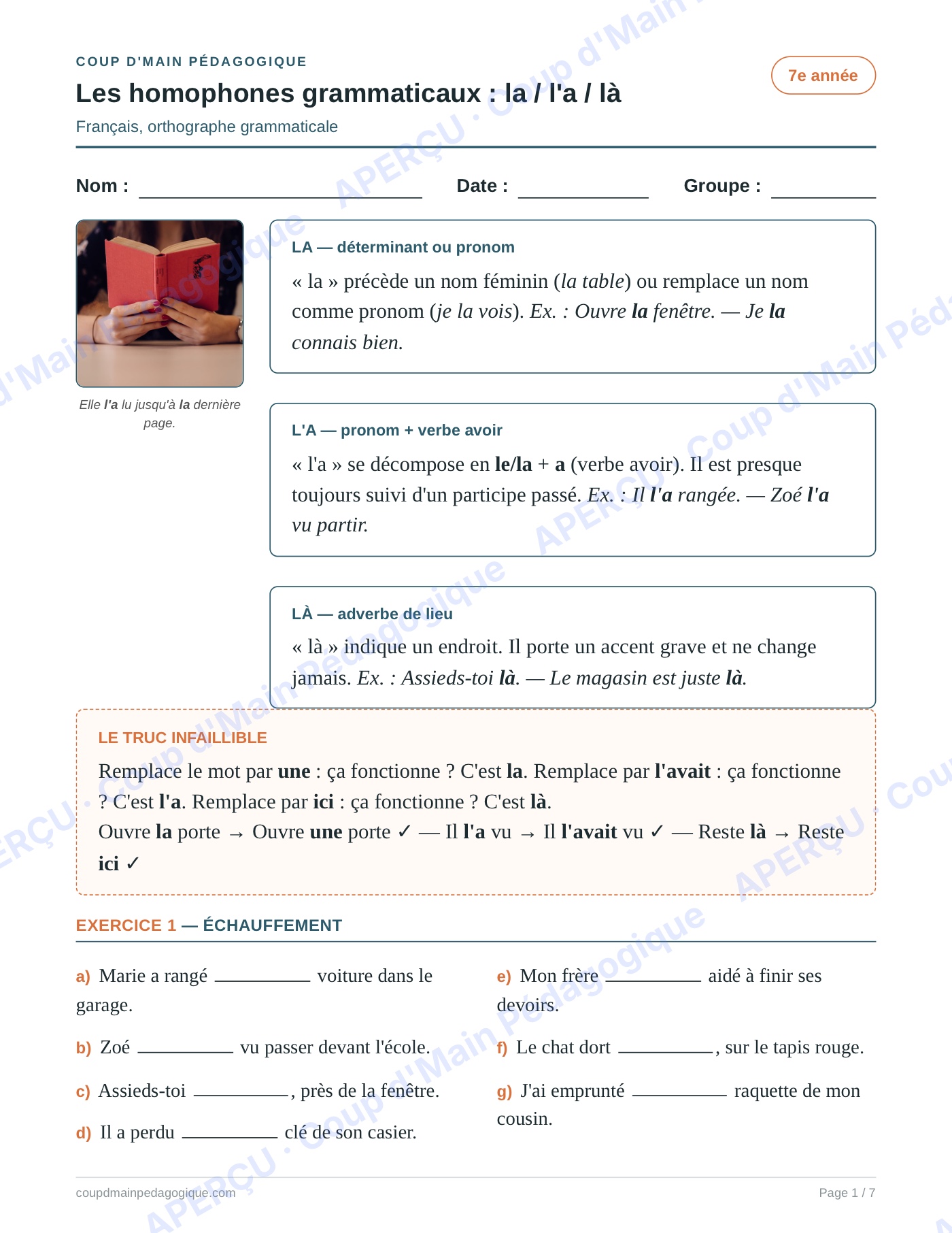 Page 1 — Les homophones la/l'a/là — 7e année, fiche